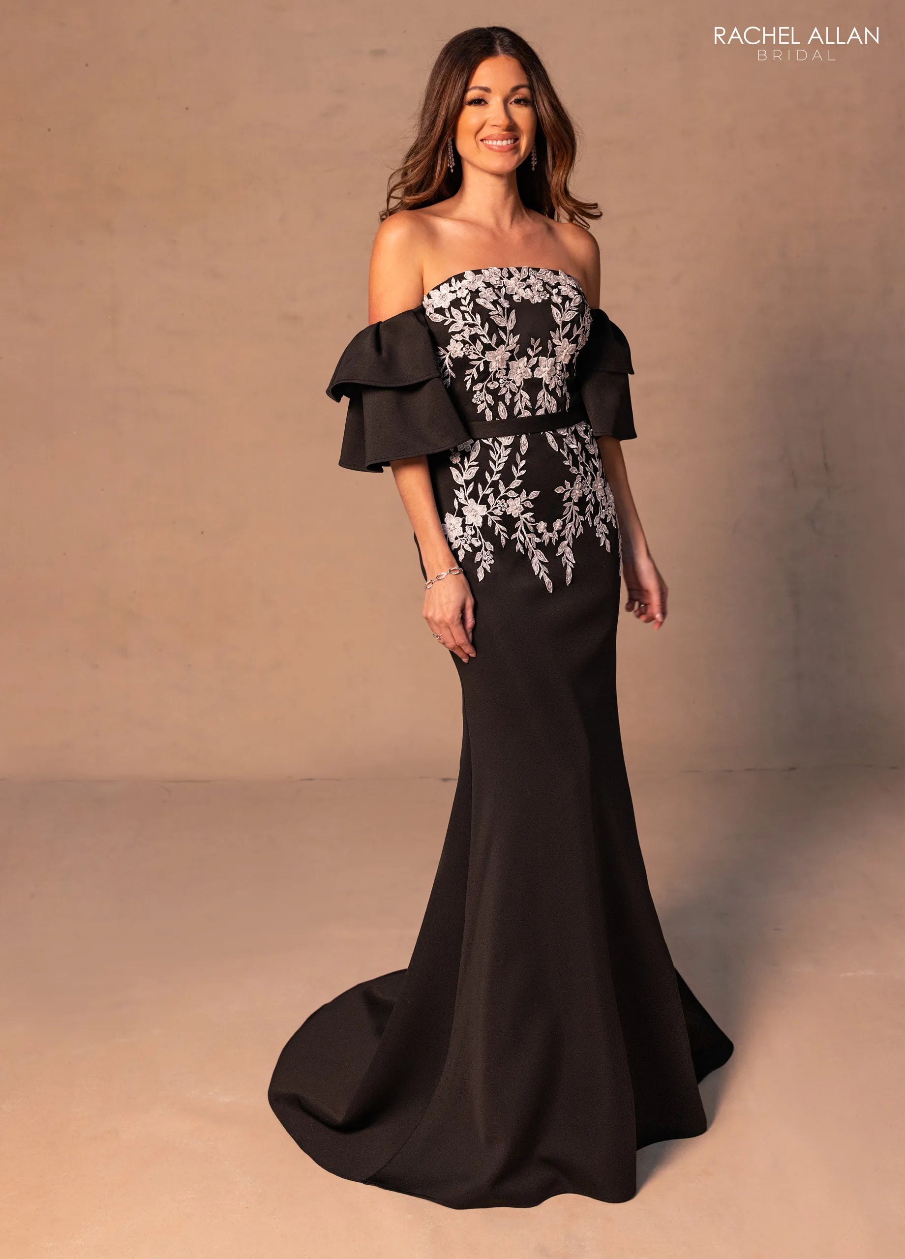 Black White Off-the-Shoulder Floor-Length Jersey Formal Dress with Ruffle Sleeves Rachel Allan RB8187