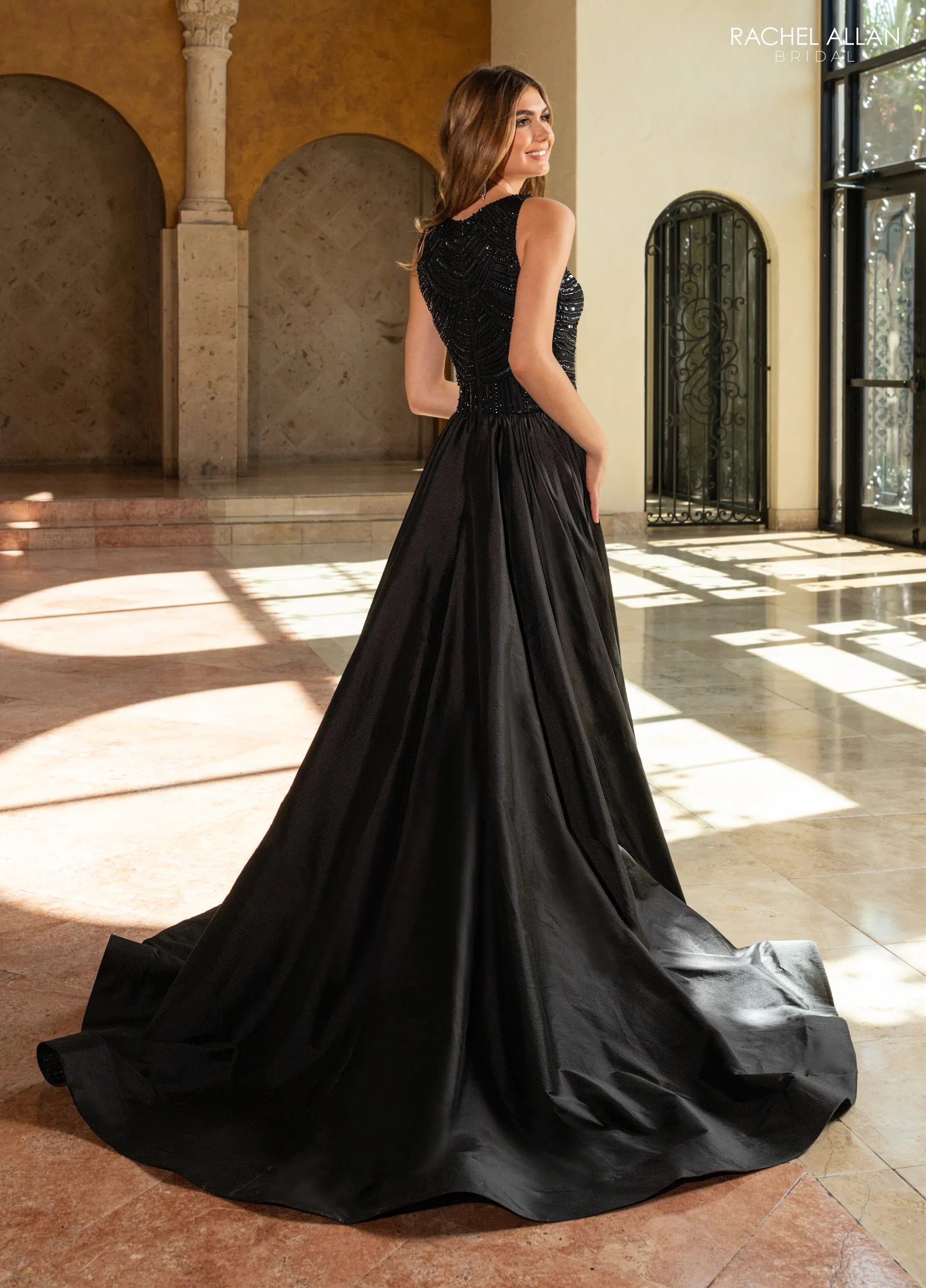 Black Round Neck Floor-Length Tulle Formal Gown with Detachable Taffeta Overskirt Rachel Allan RB8214