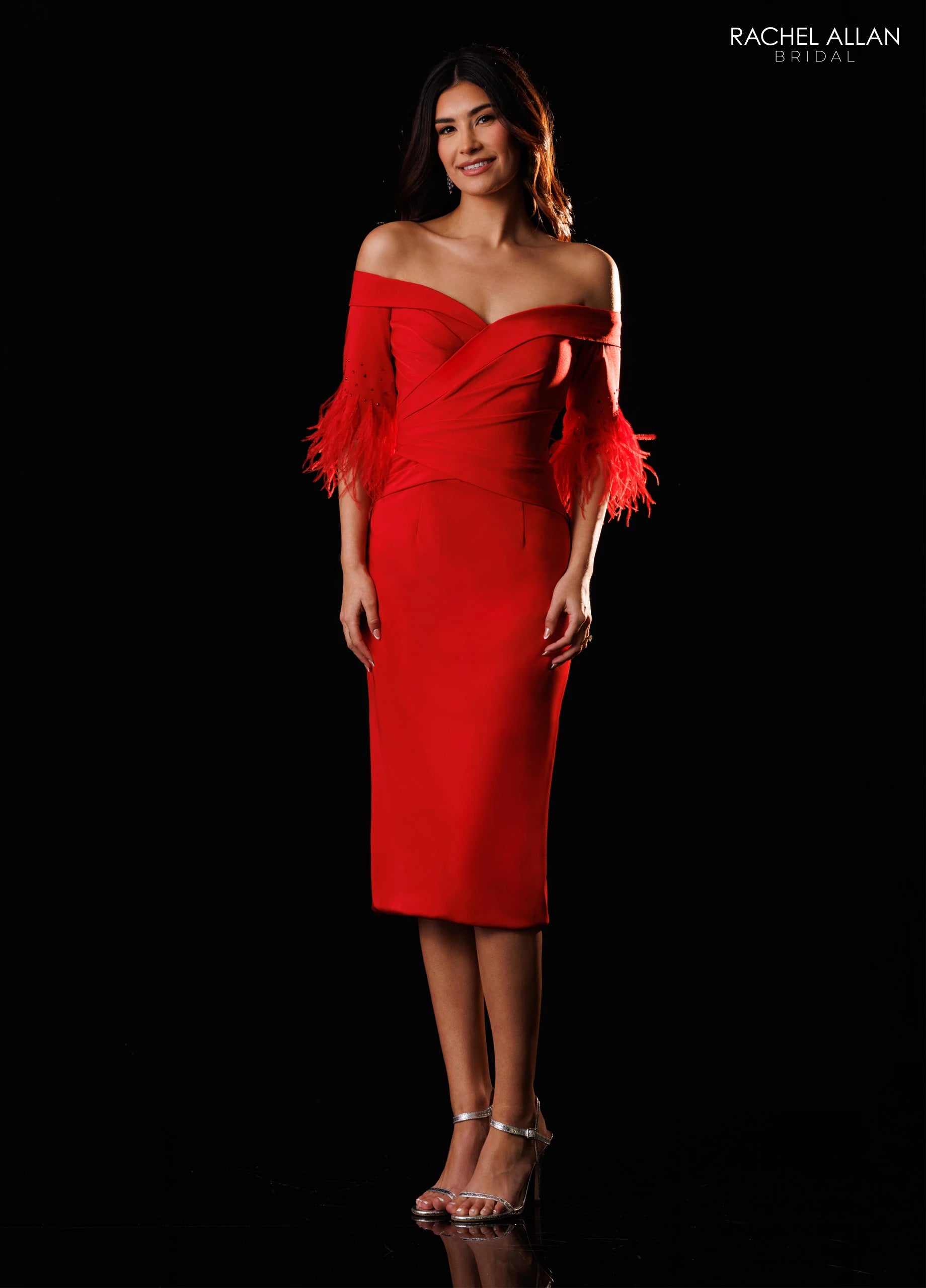 Off-the-Shoulder Midi Satin Formal Sheath/Column Rachel Allan RB8248