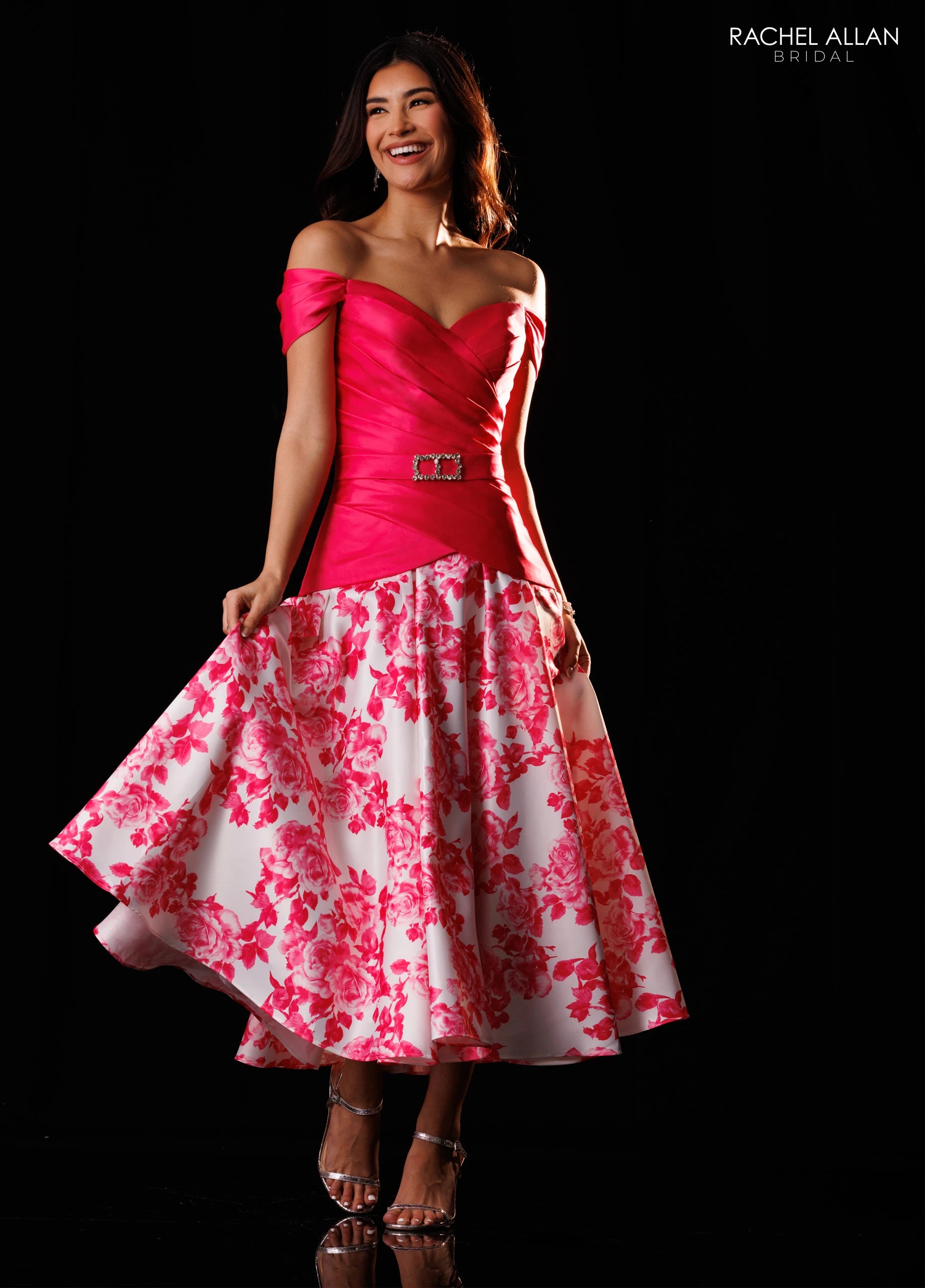 Off-the-Shoulder Tea-Length Satin Formal A-Line Rachel Allan RB8244