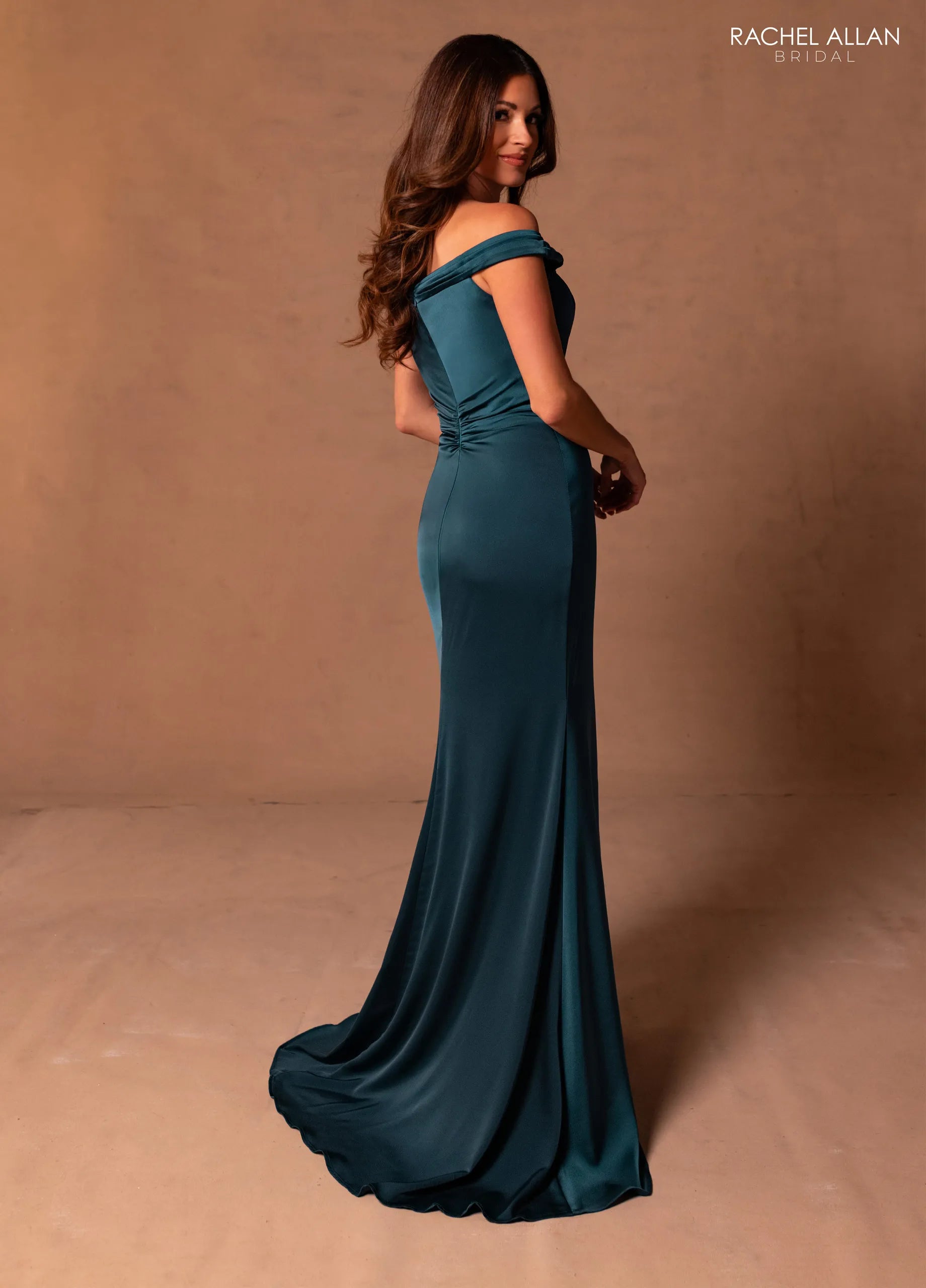 Teal  Off-the-Shoulder Floor-Length Satin Formal Dress with Beaded Detail Rachel Allan RB8182