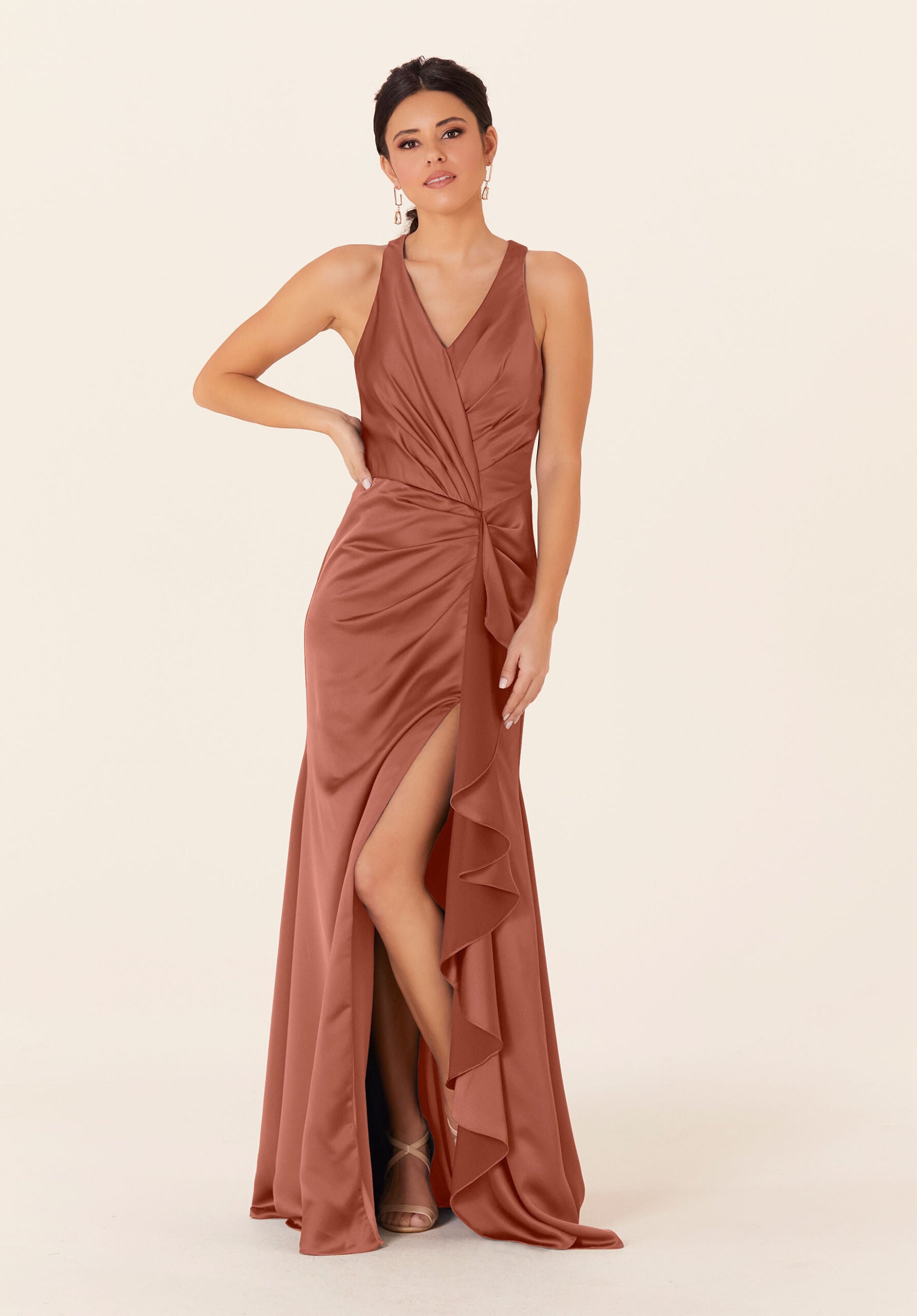 Formal Dresses Long Formal Ruffle Slit Dress Spice-Satin-21831-Ruffle