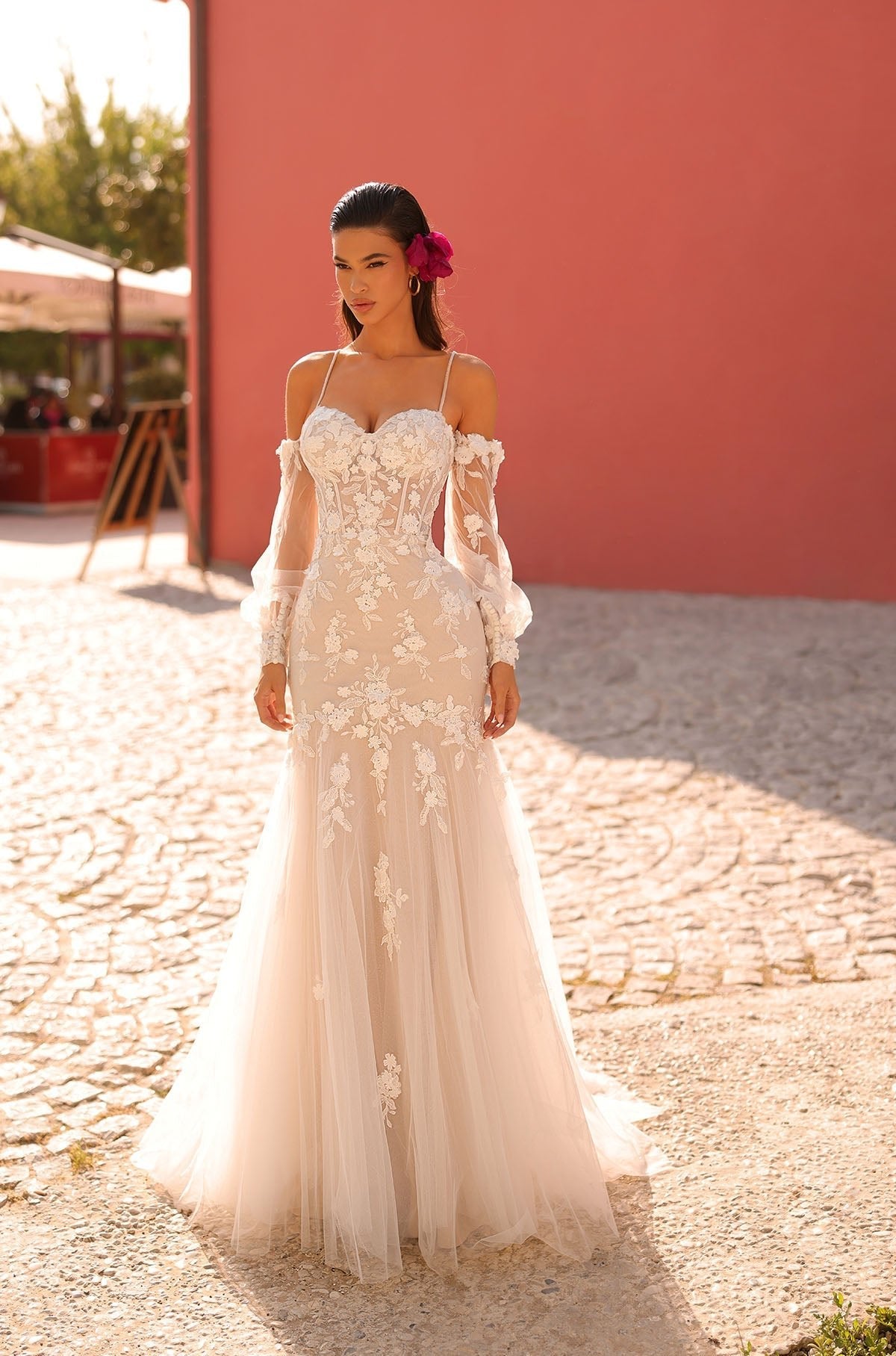 Wedding Dresses A Line Long Floral Lace Applique Wedding Dress Amarra 84218 Ivory/Nude