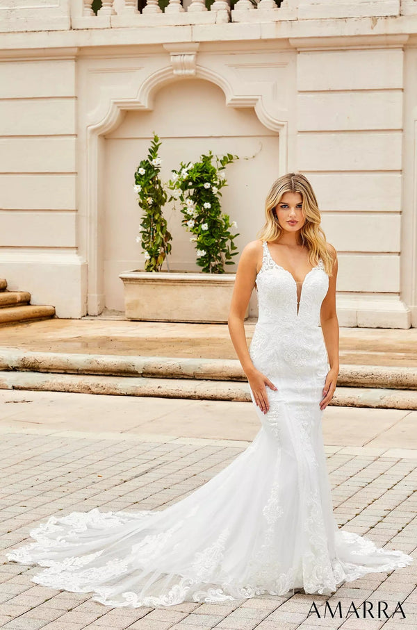 Bridal Lace Applique Long Fitted Wedding Dress Amarra 84370