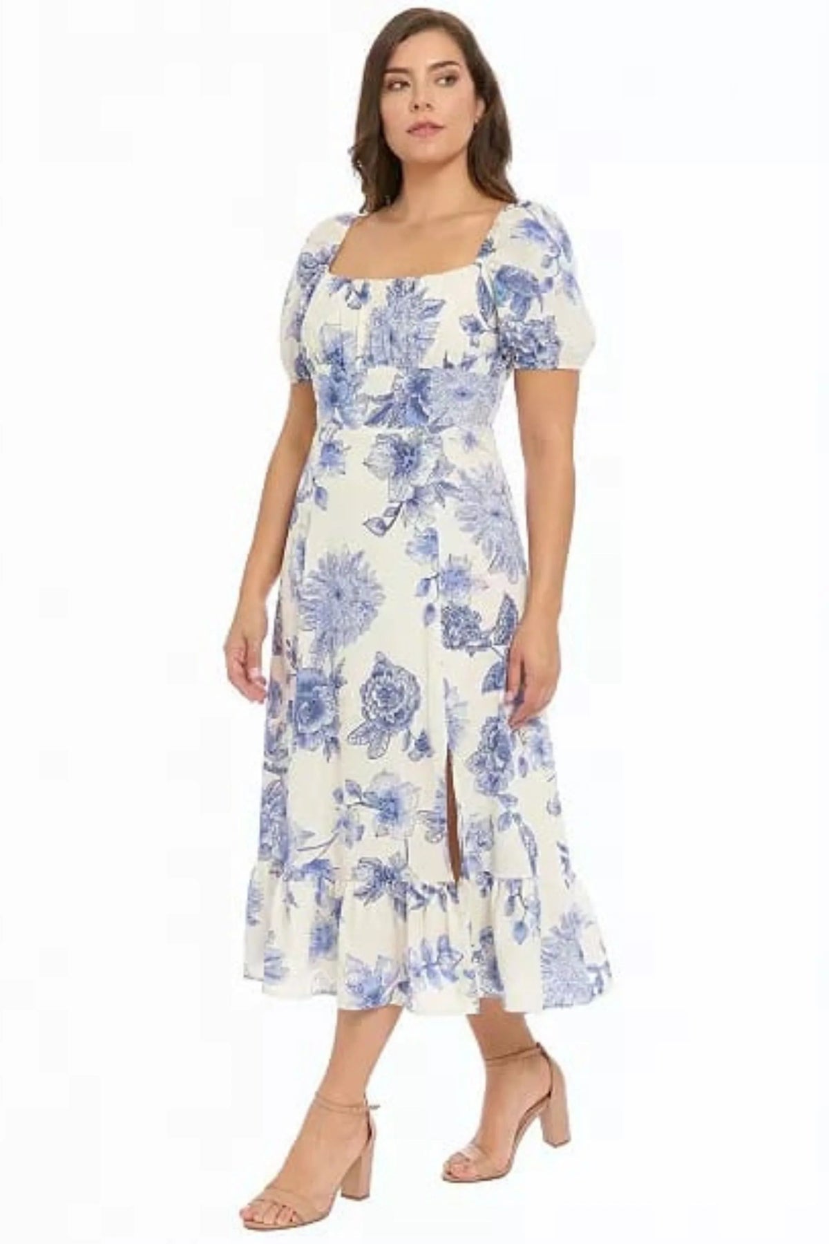 Linen Floral Puff Sleeve Midi Dress London Times T10358M