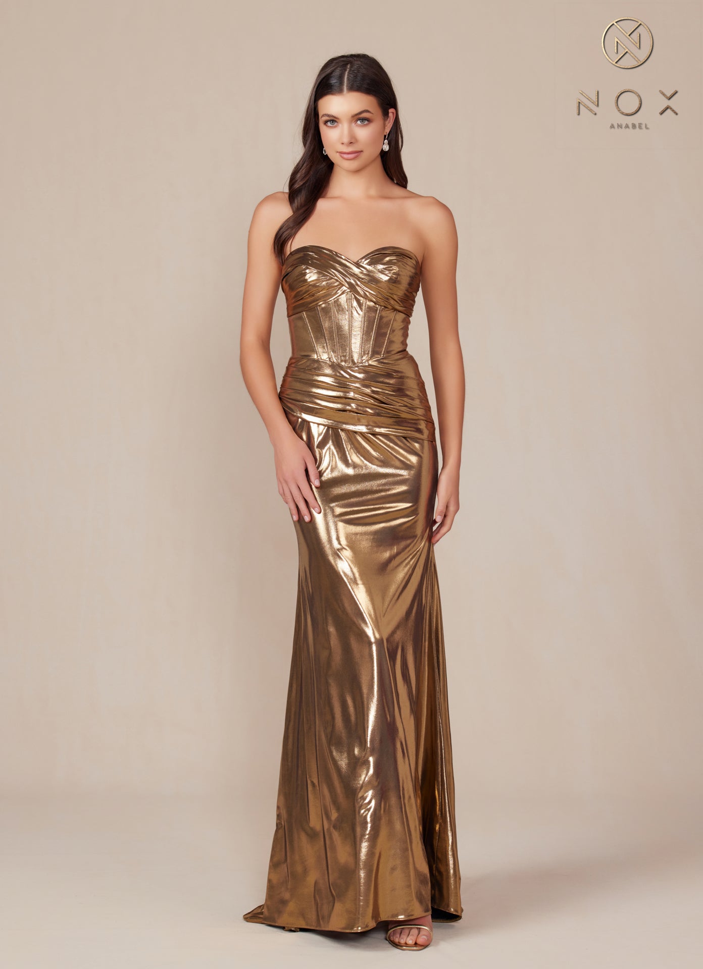 Nox Anabel T1499 Long Metallic Fitted Prom Dress