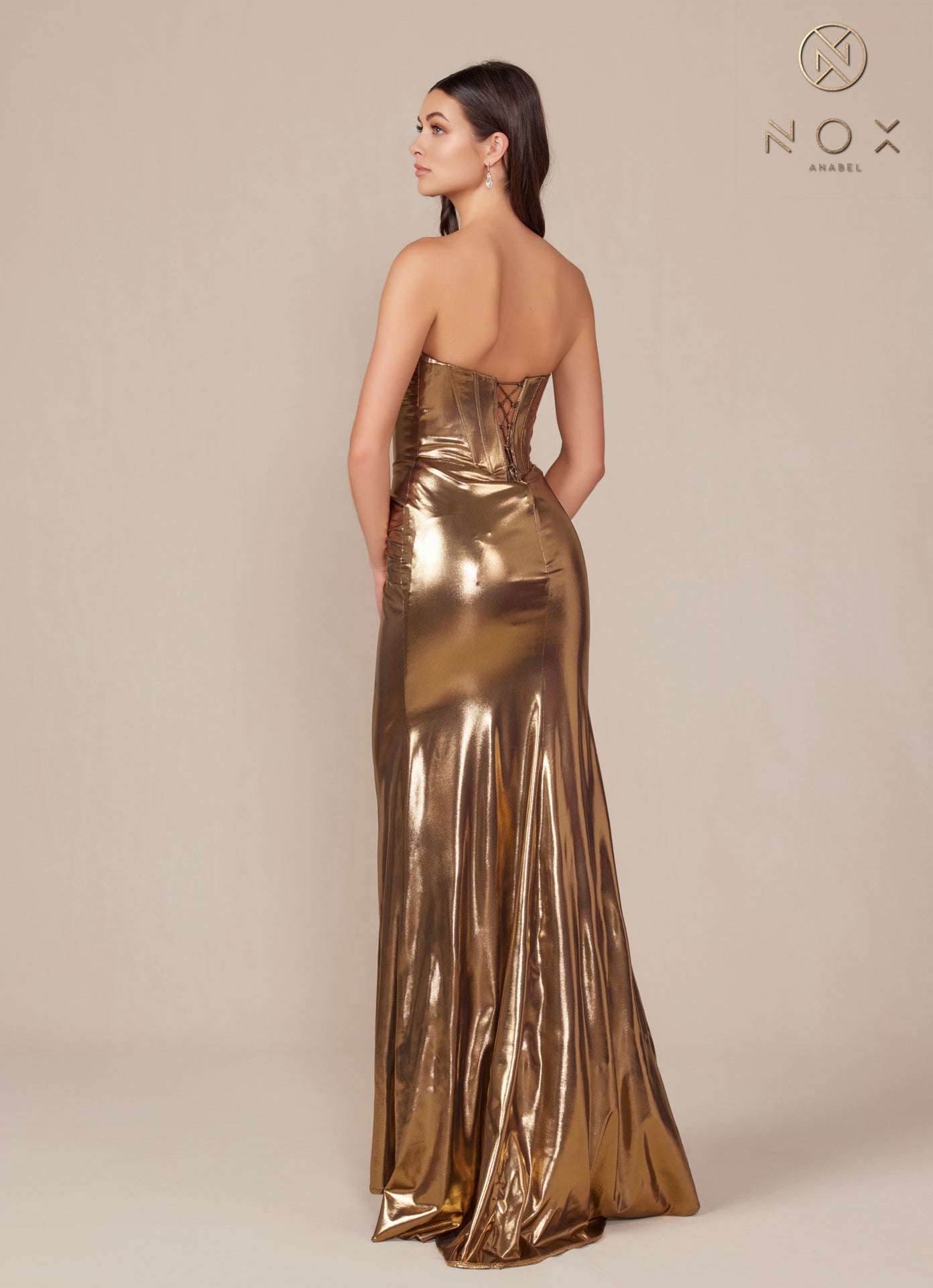 Nox Anabel T1499 Long Metallic Fitted Prom Dress