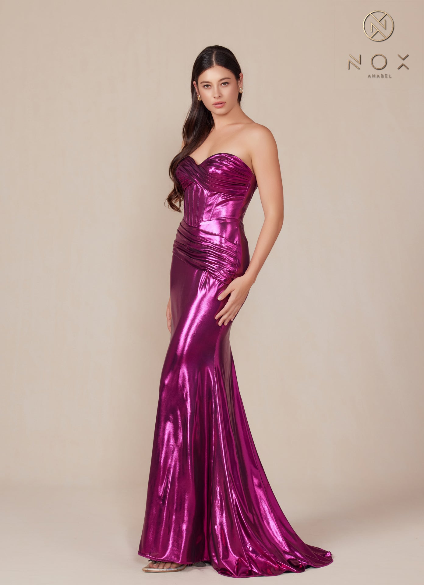 Nox Anabel T1499 Long Metallic Fitted Prom Dress