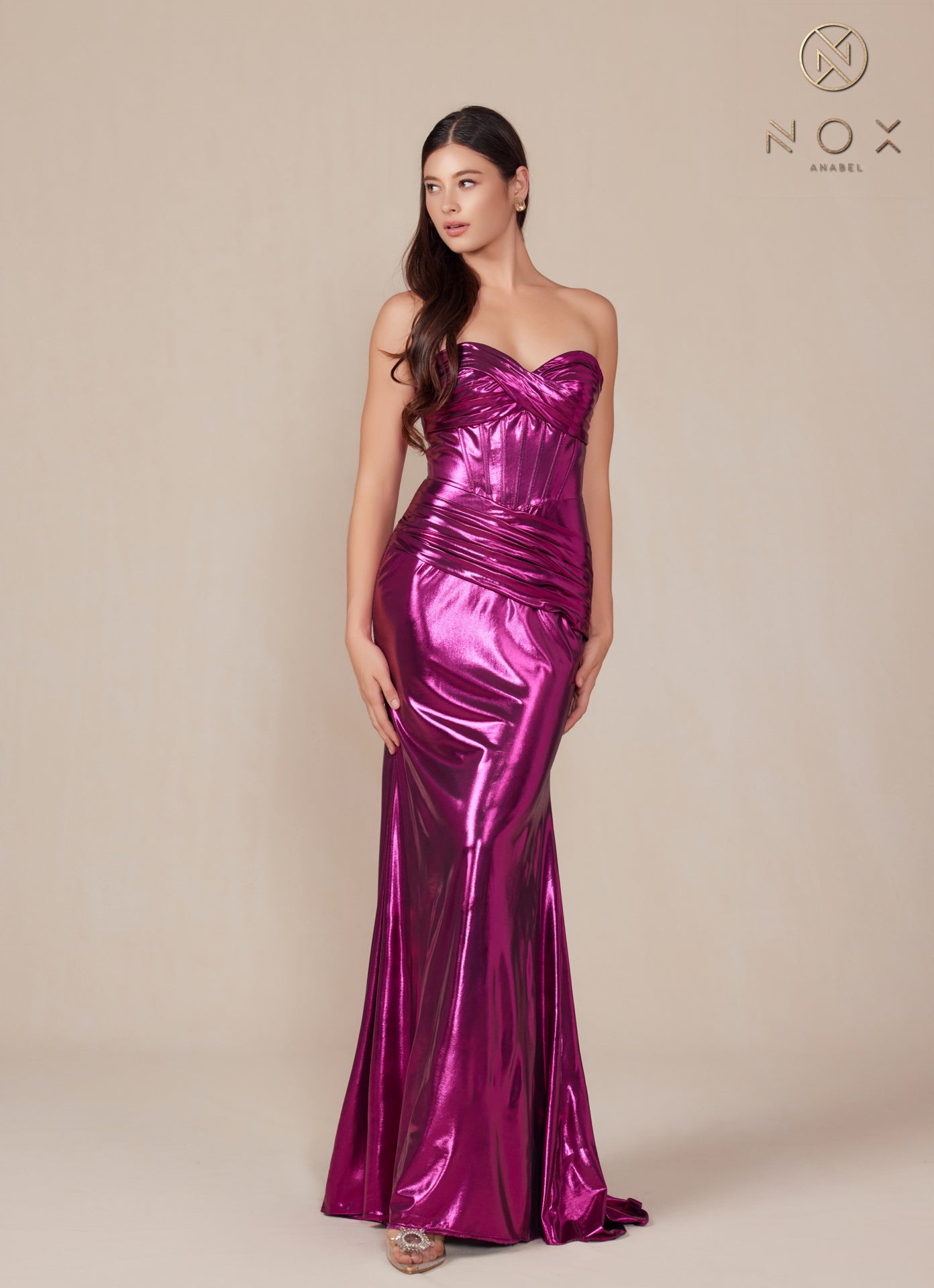 Nox Anabel T1499 Long Metallic Fitted Prom Dress