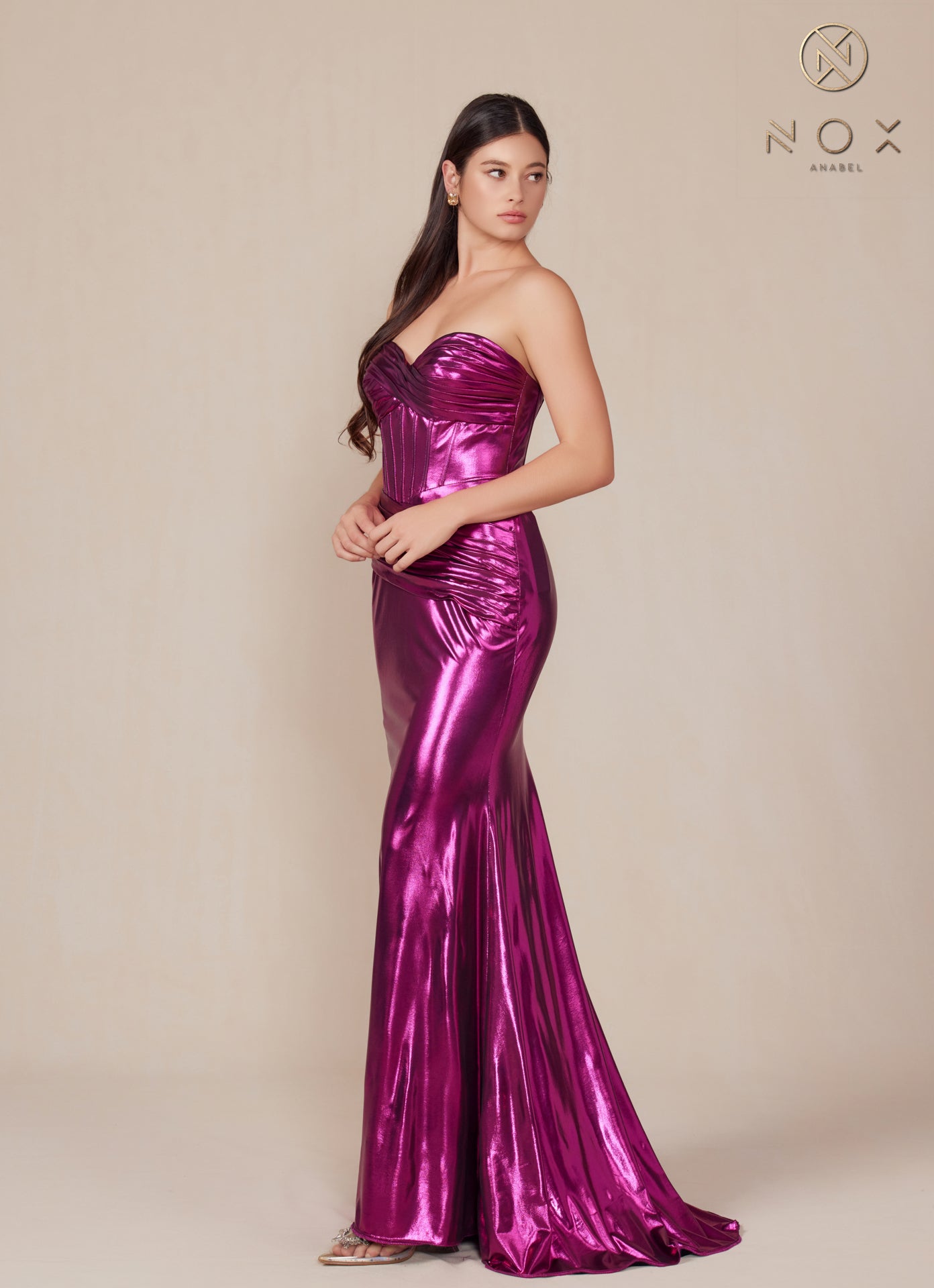 Nox Anabel T1499 Long Metallic Fitted Prom Dress
