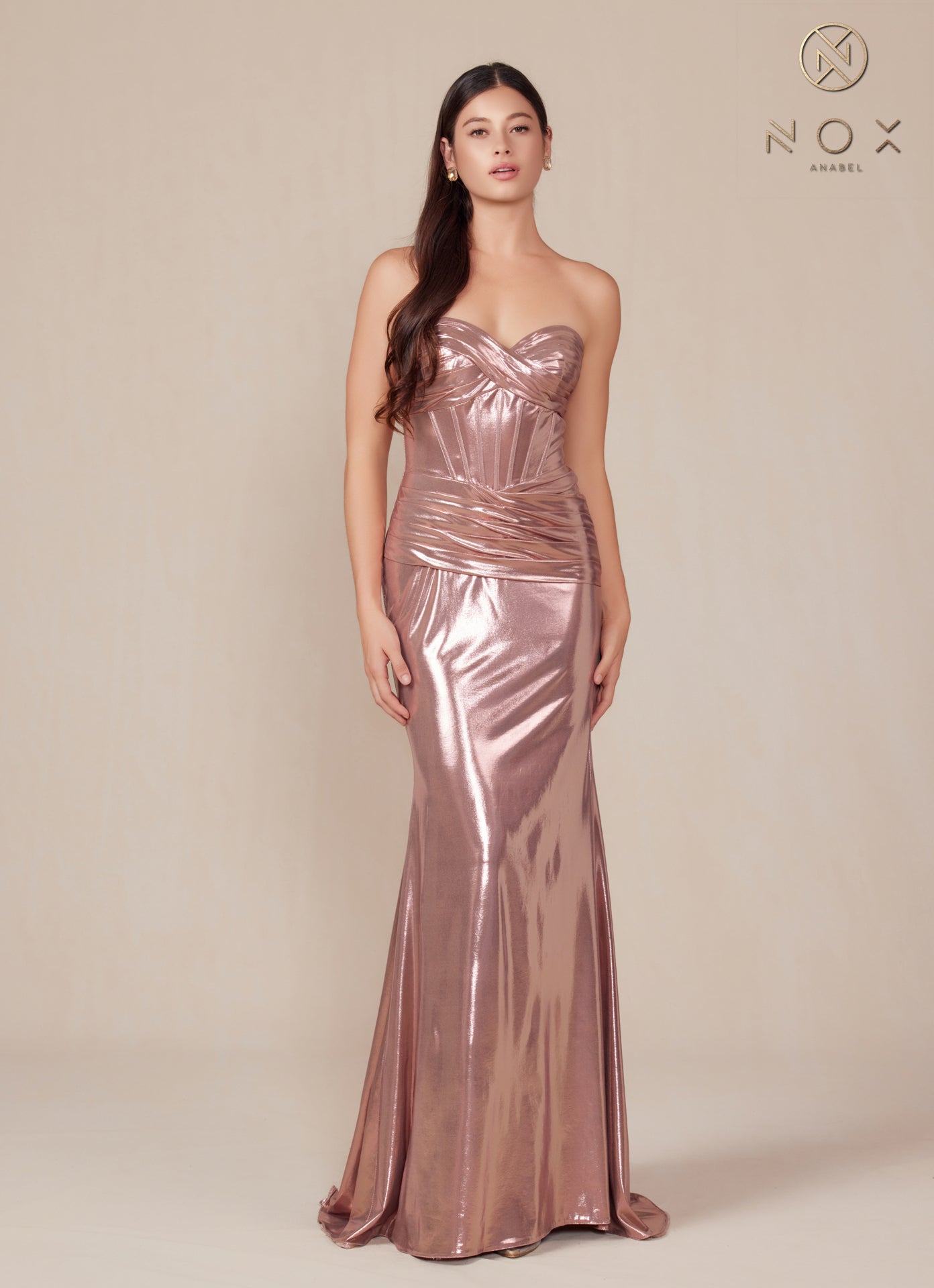 Prom Dresses Long Metallic Fitted Prom Dress Rose Gold