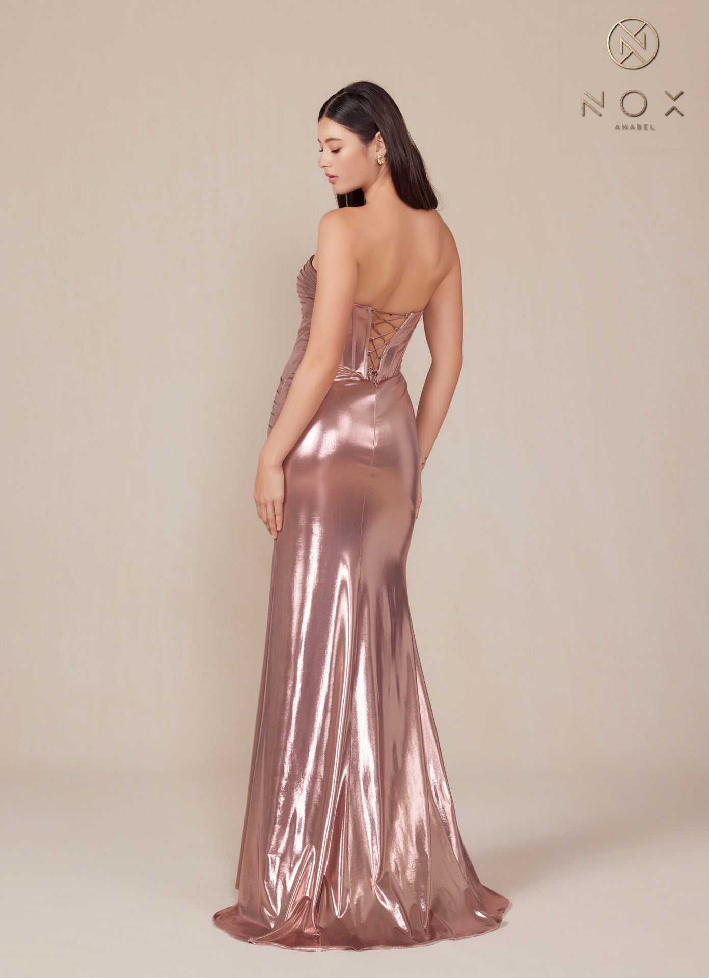 Nox Anabel T1499 Long Metallic Fitted Prom Dress