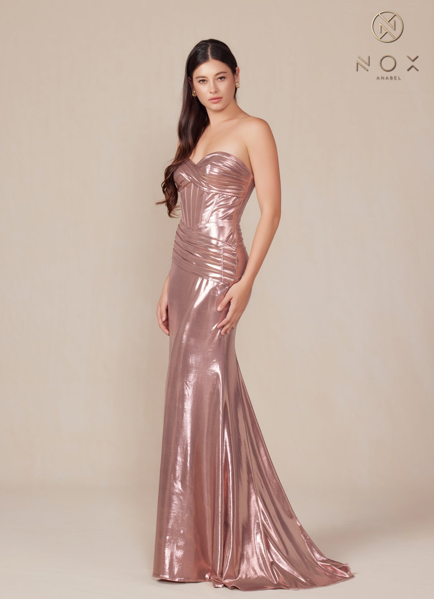 Prom Dresses Long Metallic Fitted Prom Dress Rose Gold