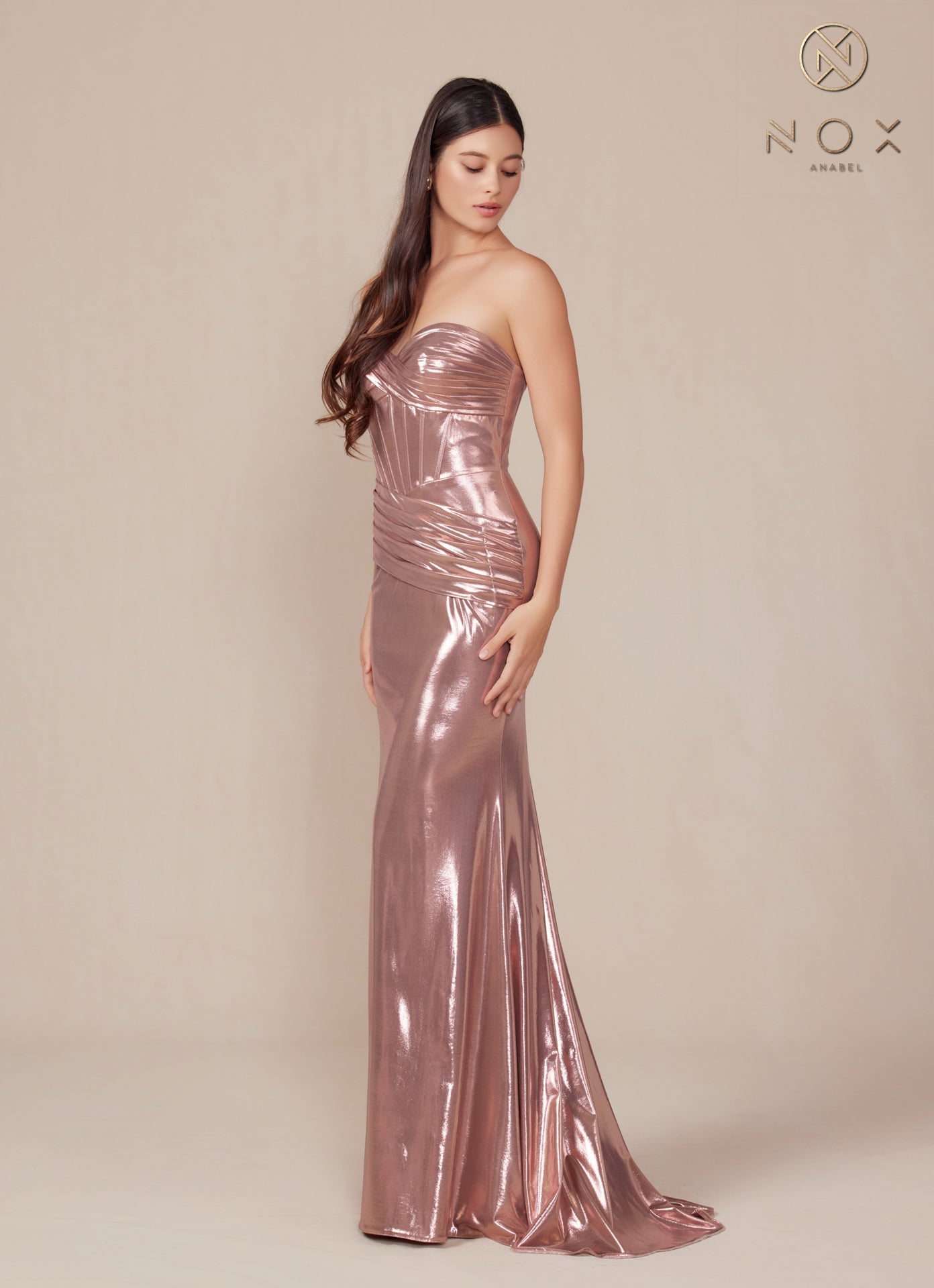 Prom Dresses Long Metallic Fitted Prom Dress Rose Gold