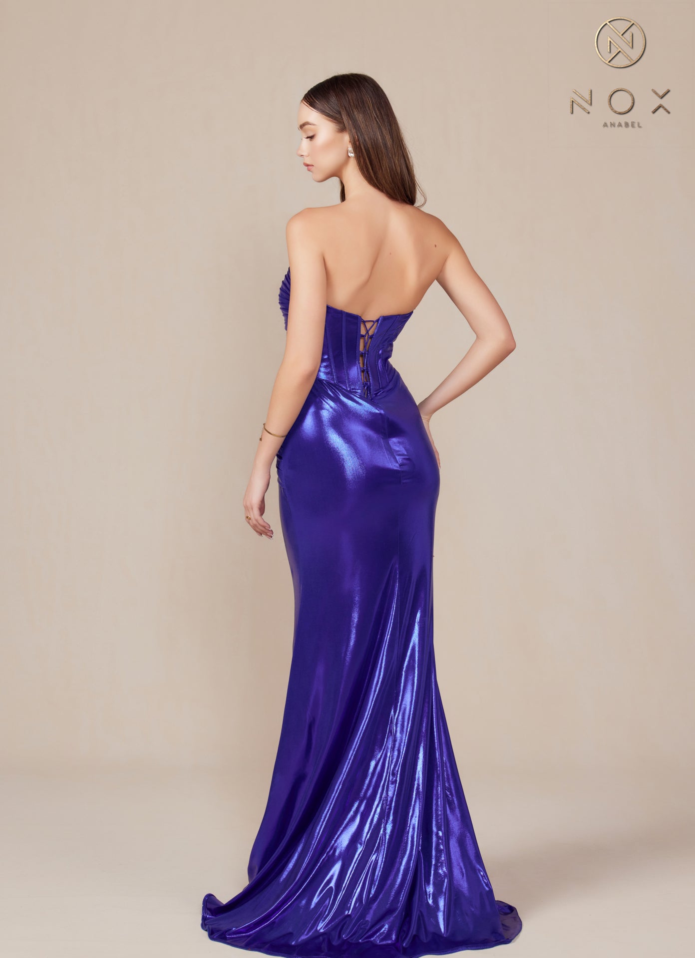 Nox Anabel T1499 Long Metallic Fitted Prom Dress