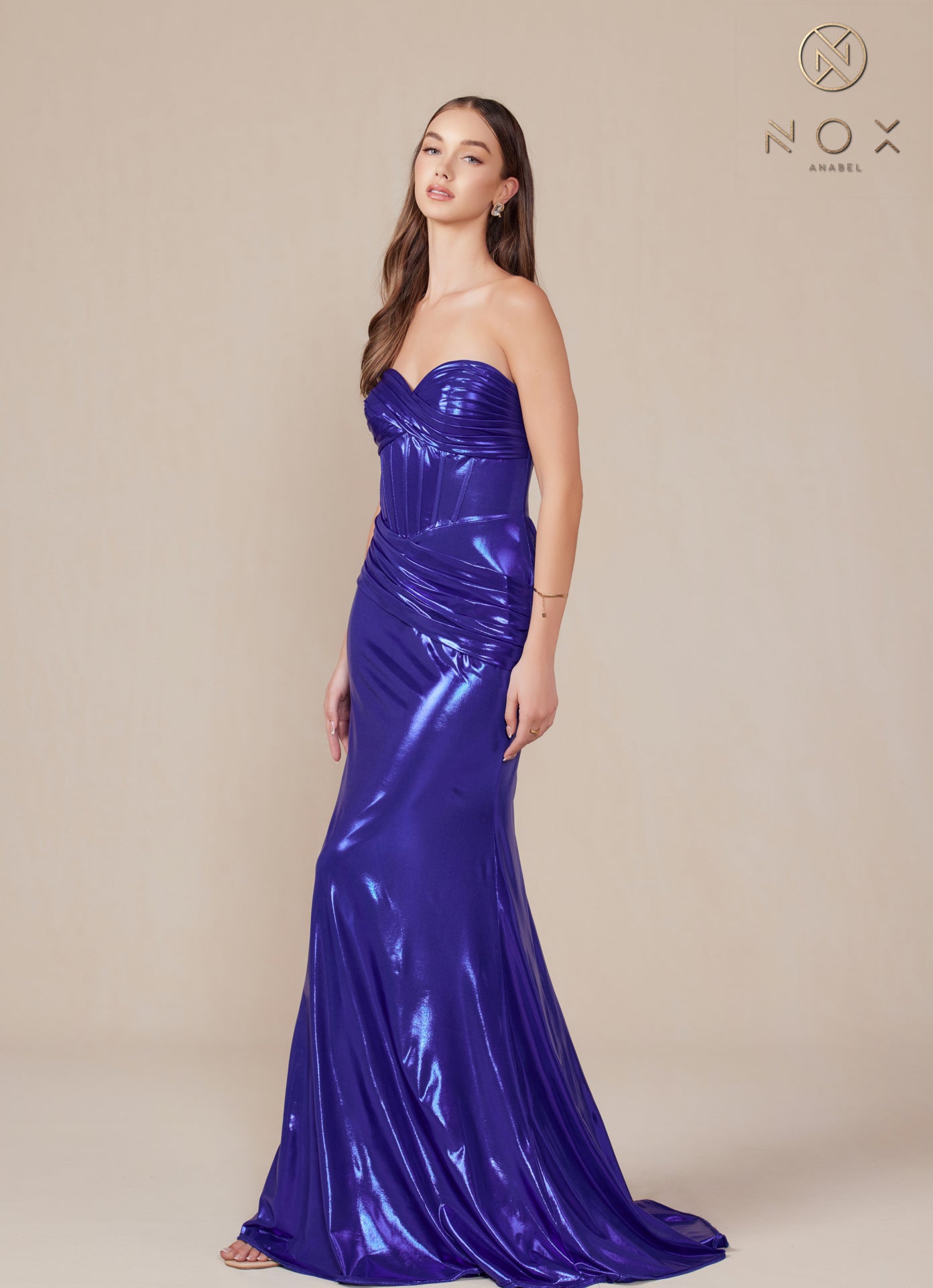 Nox Anabel T1499 Long Metallic Fitted Prom Dress