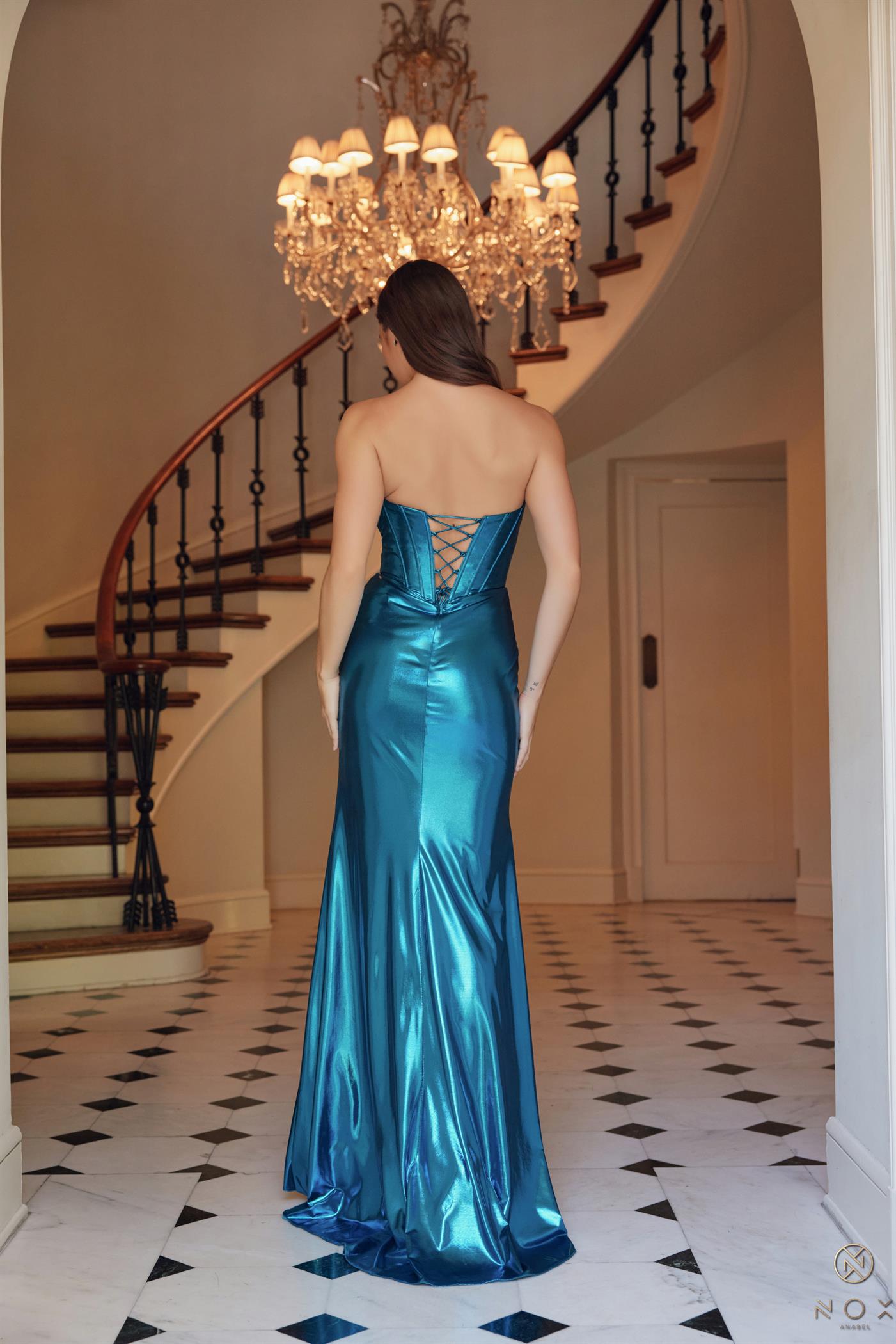 Nox Anabel T1499 Long Metallic Fitted Prom Dress