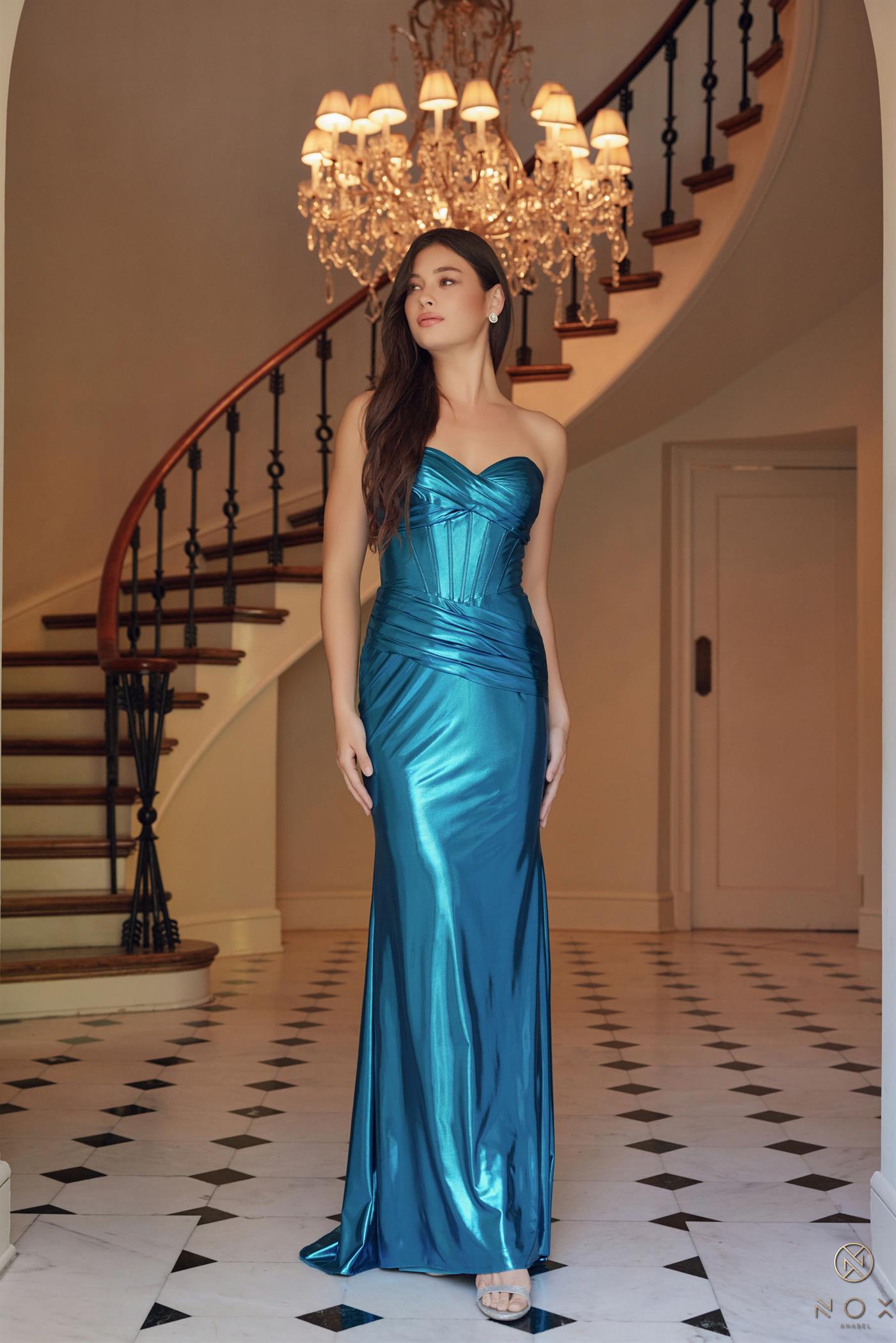 Nox Anabel T1499 Long Metallic Fitted Prom Dress