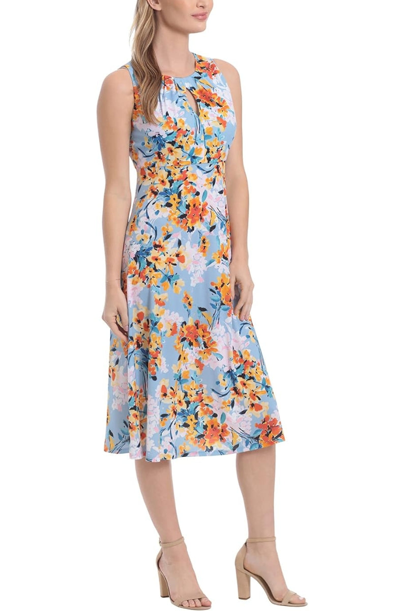 London Times T6725M A Line Printed Short Cocktail Midi Dress
