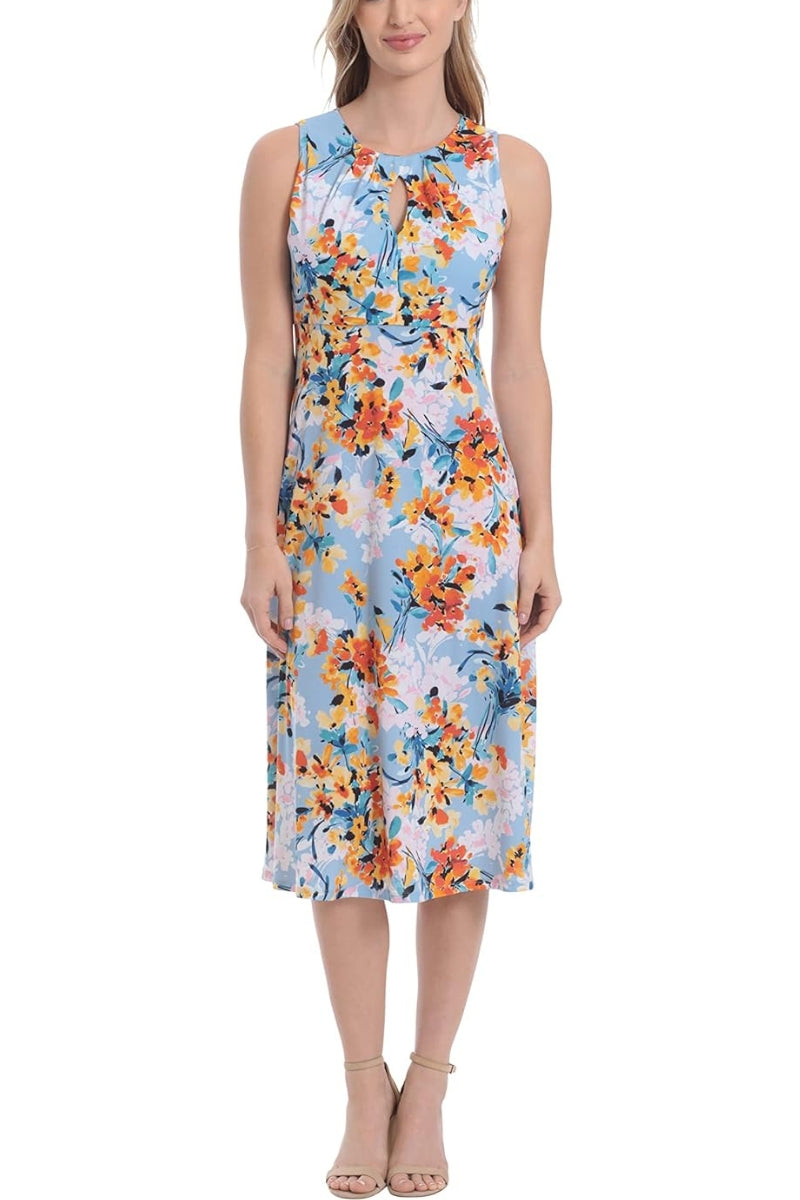 London Times T6725M A Line Printed Short Cocktail Midi Dress