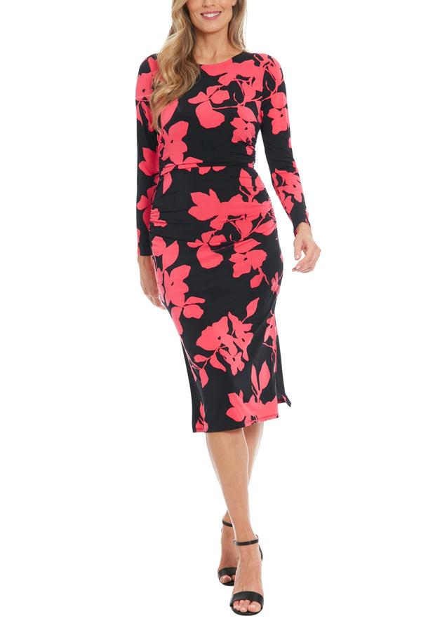 London Times T7746M Flower Print Sheath Long Sleeve Jersey Midi Dress Black Berry / 14
