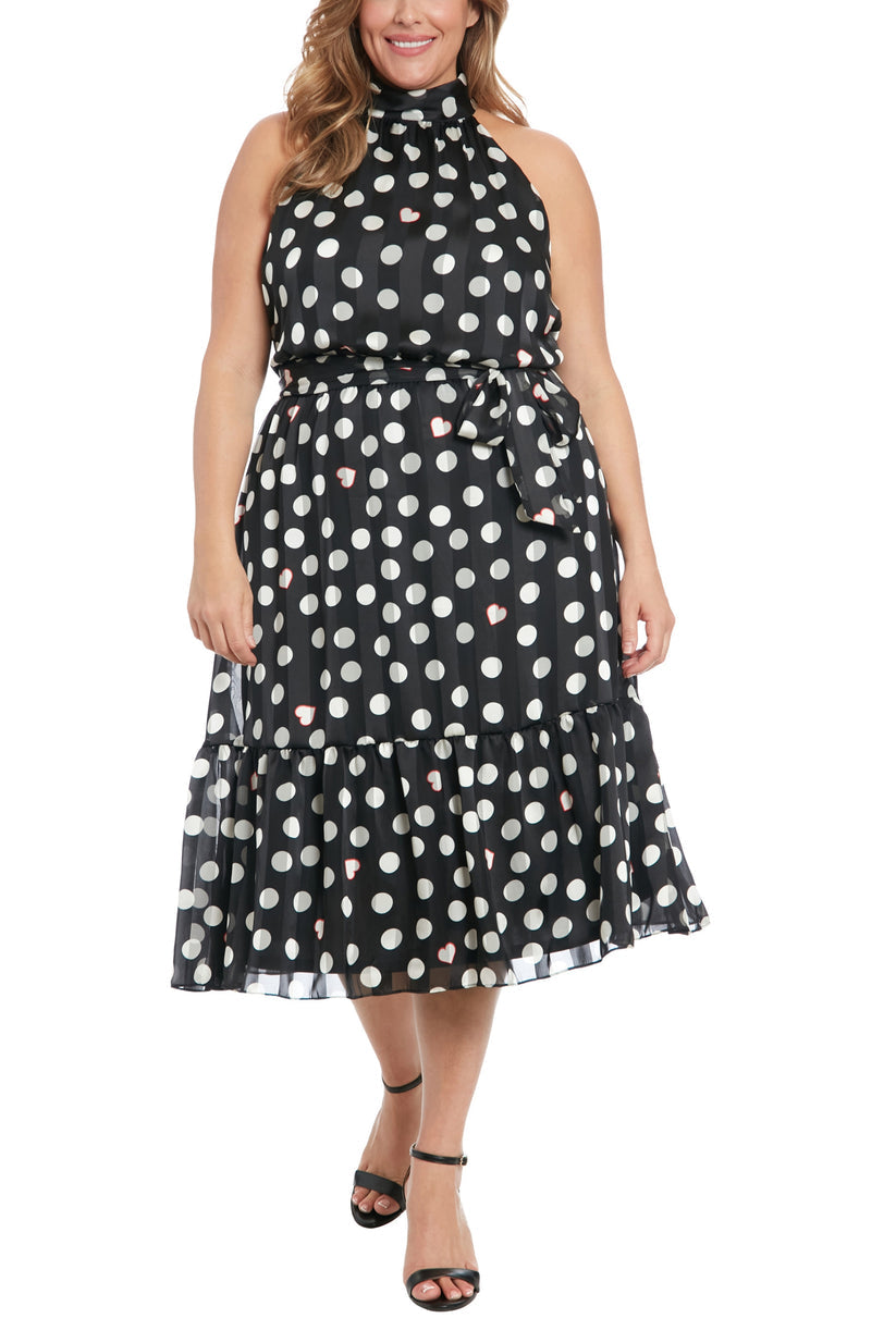 London Times T7749W Short Polka Dots Print Midi Length Plus Size Dress