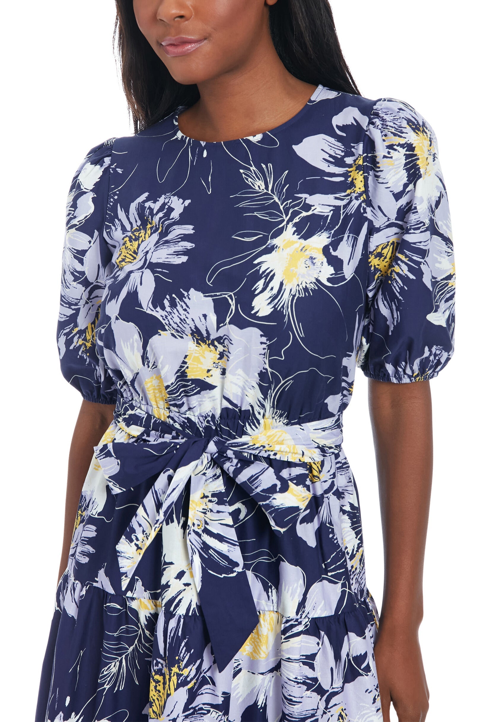 Cocktail Dresses Floral Printed Jewel Neckline Puff Sleeve Tie Waist Midi Dress Navy/Ivory