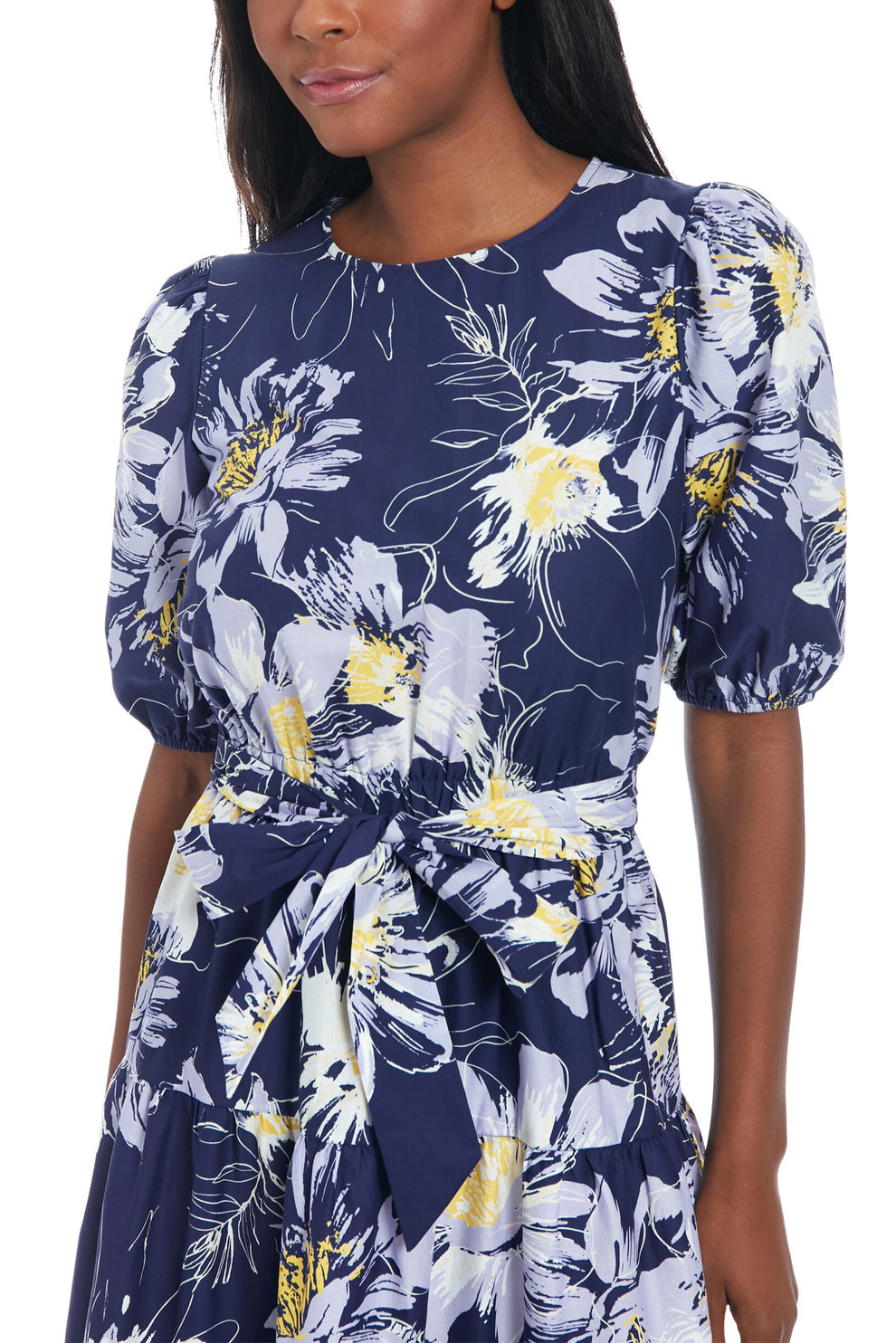 London Times T7822M Short Printed Tiered Cocktail Midi Dress