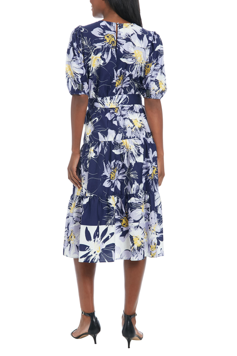 London Times T7822M Short Printed Tiered Cocktail Midi Dress