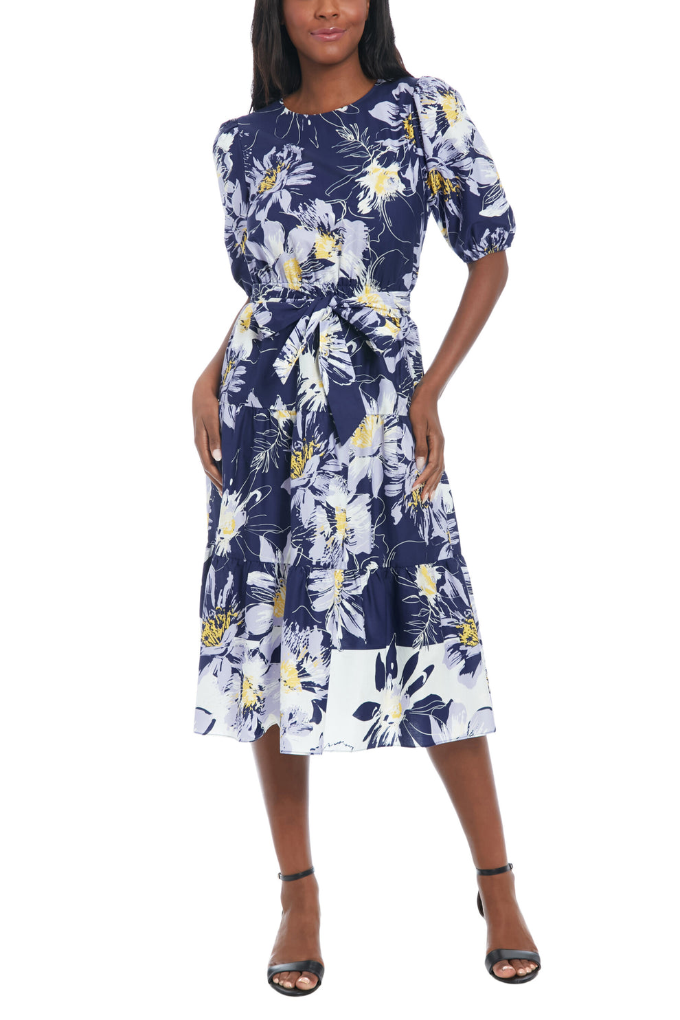 London Times T7822M Short Printed Tiered Cocktail Midi Dress