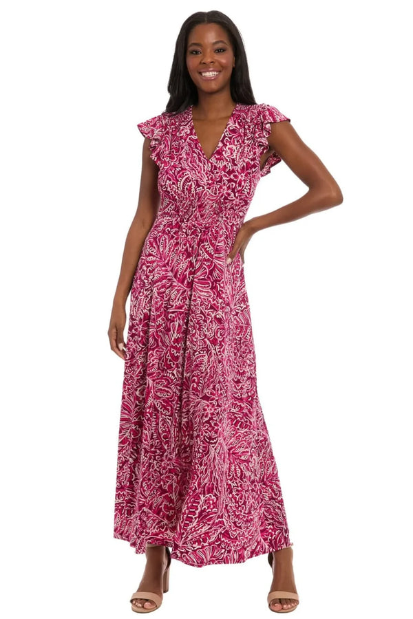 Plum and Pink Floral Smocked Maxi Dress London Times T8190M