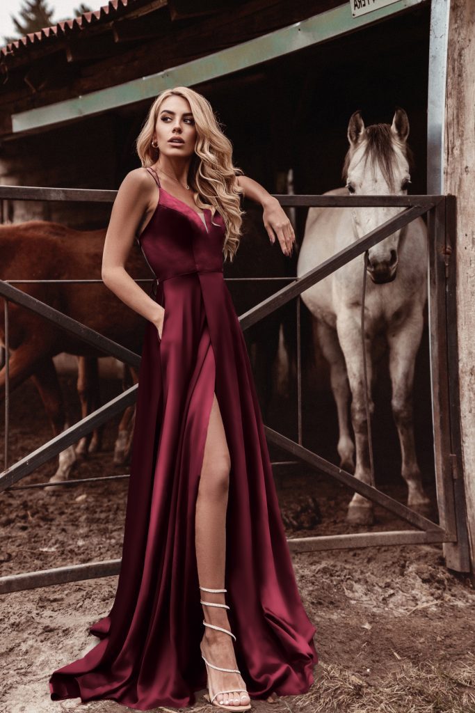 V-Neck Floor-Length Satin Formal A-Line Gown Tina Holly TE001
