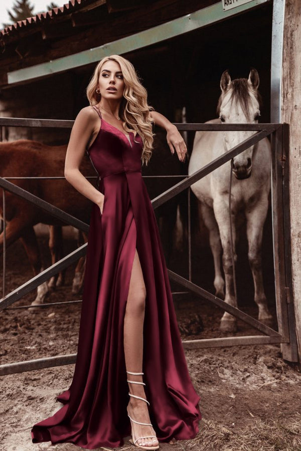 V-Neck Floor-Length Satin Formal A-Line Gown Tina Holly TE001