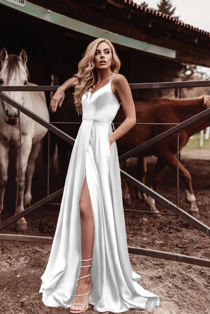 V-Neck Floor-Length Satin Formal A-Line Gown Tina Holly TE001