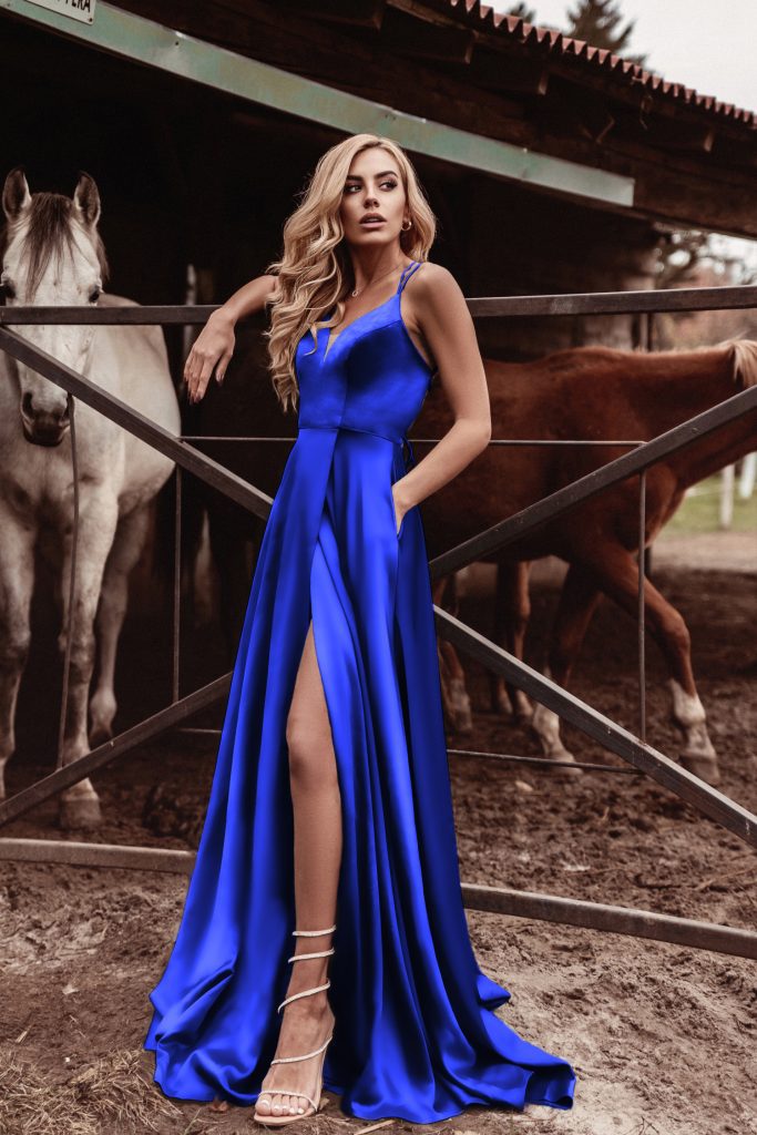 V-Neck Floor-Length Satin Formal A-Line Gown Tina Holly TE001