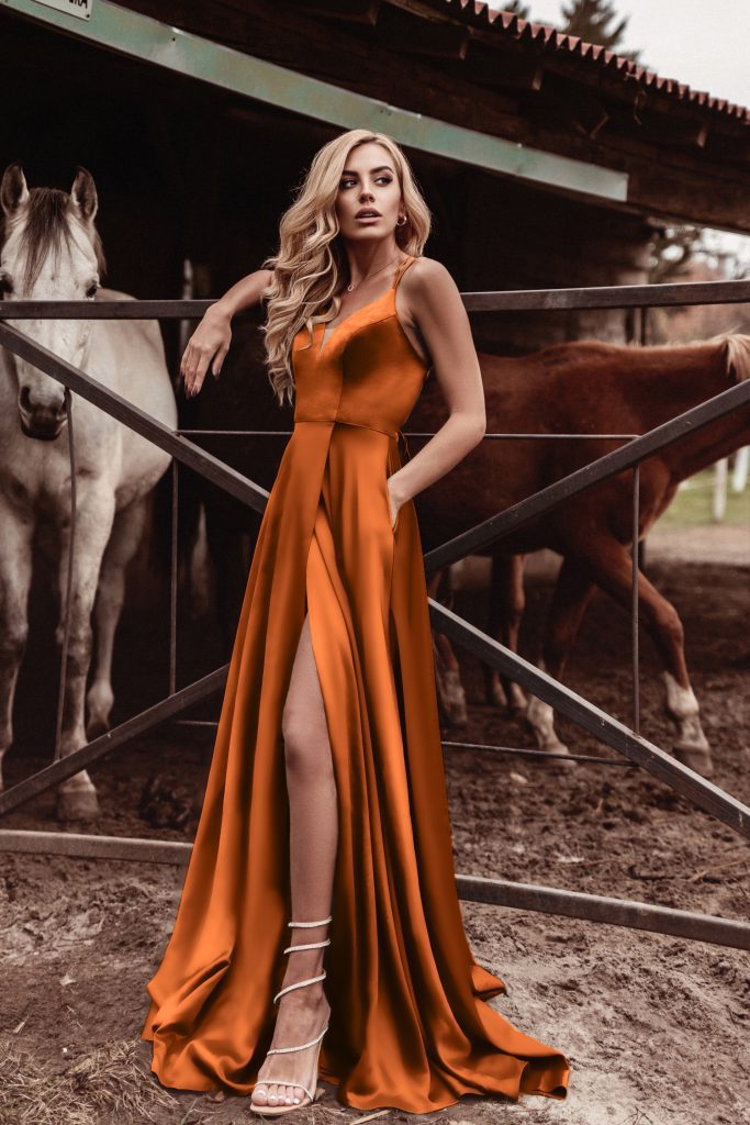 V-Neck Floor-Length Satin Formal A-Line Gown Tina Holly TE001