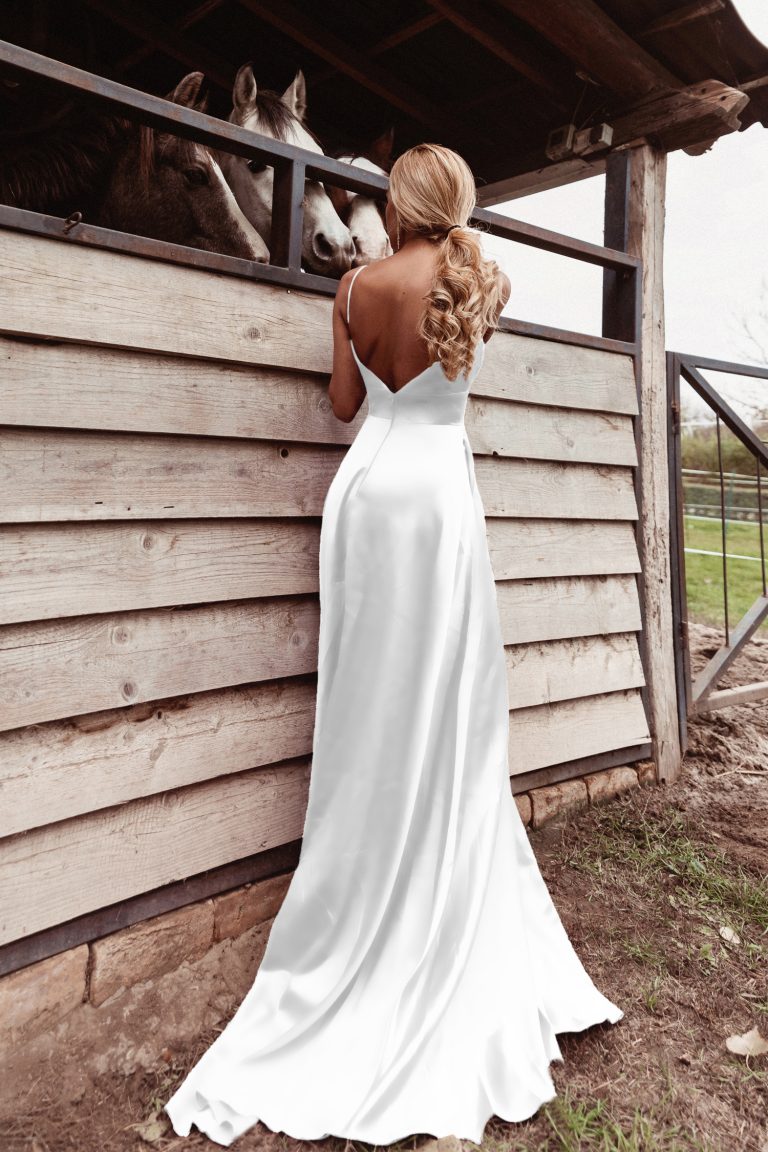 V-Neck Floor-Length Satin Wedding A-Line Gown Tina Holly TE003