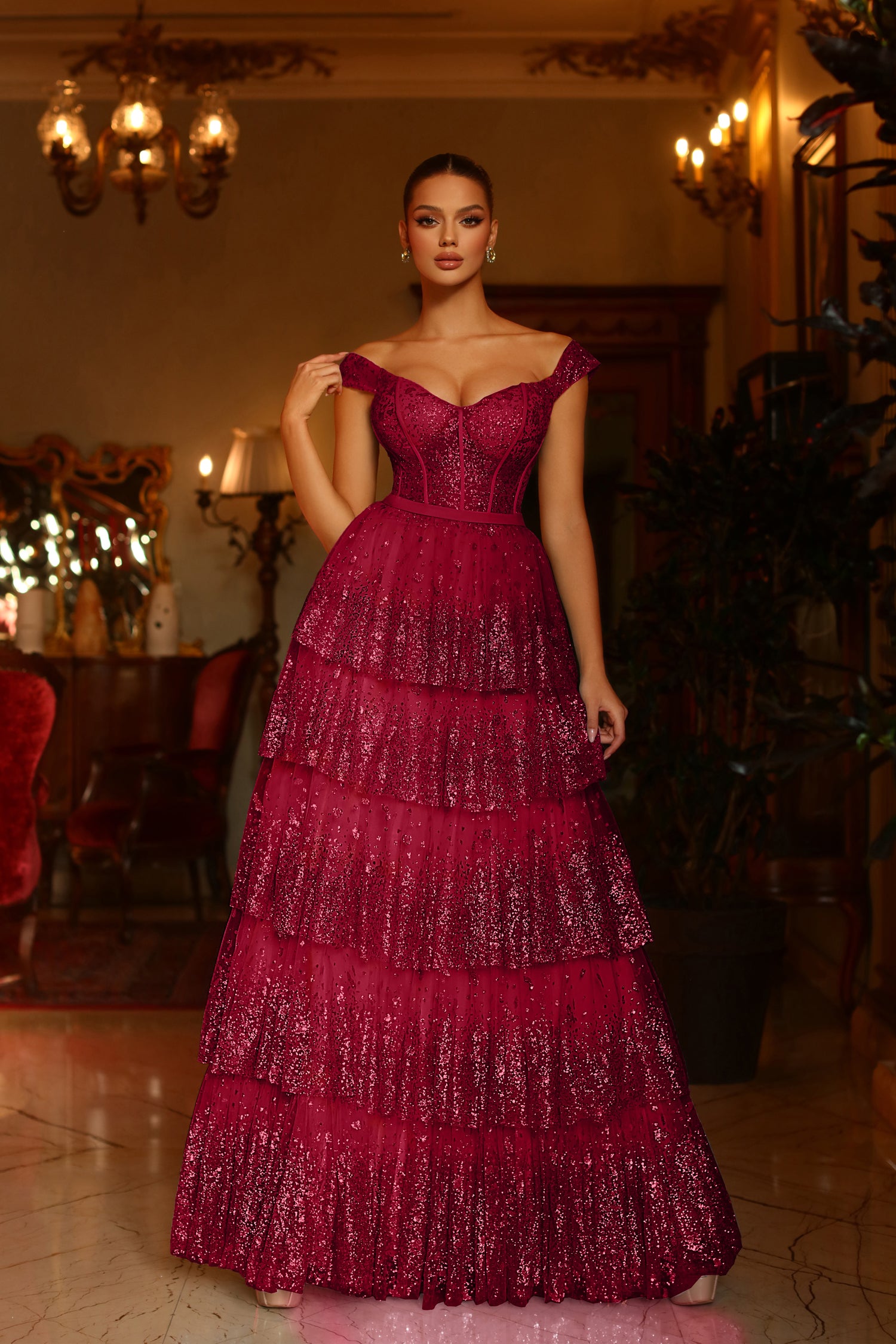 Off-the-Shoulder Floor-Length Sequin Formal A-Line Gown Tina Holly TYTE206