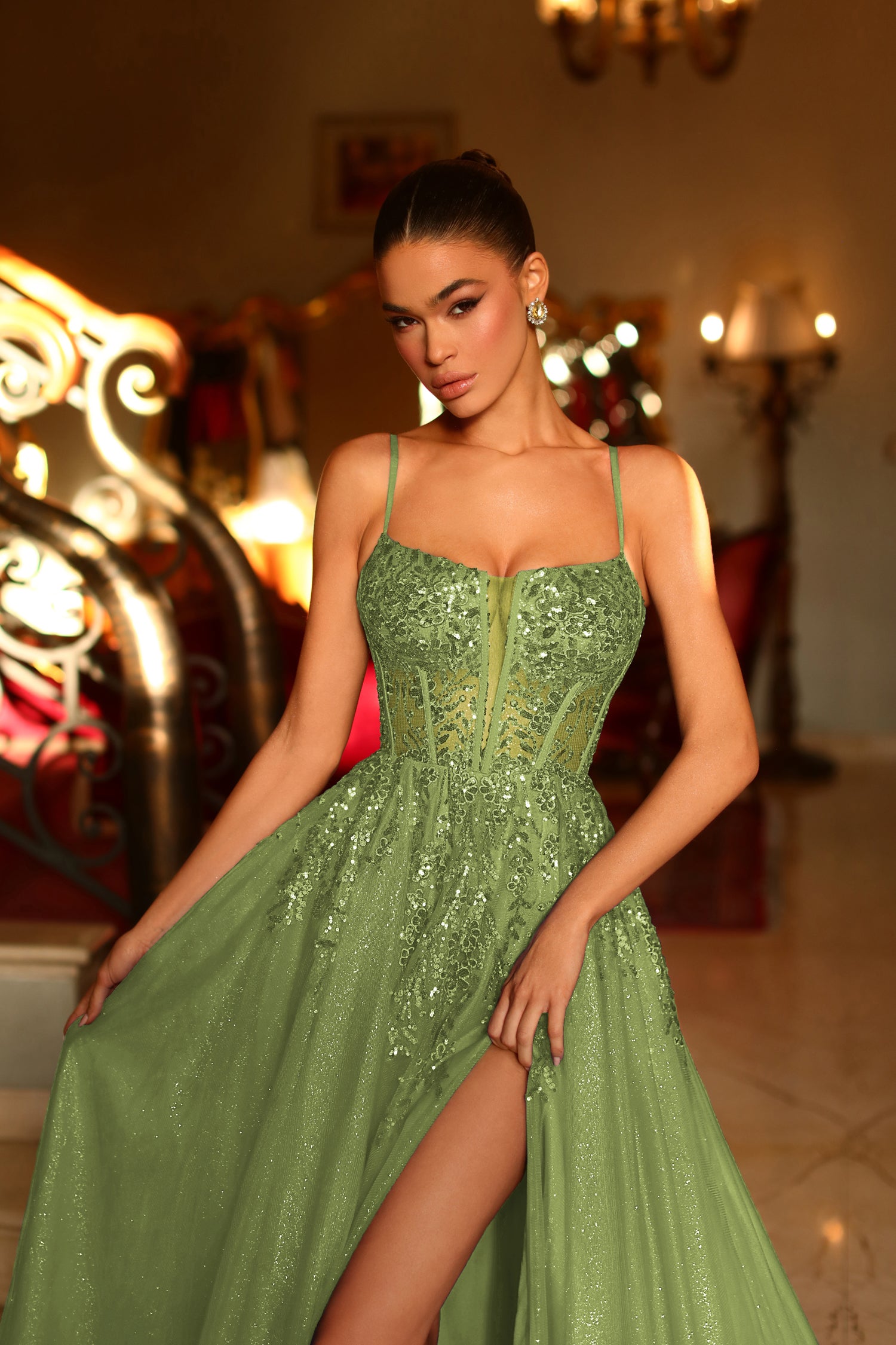Tina Holly TE216 Ball Gown Long Formal Slit Prom Dress - Olive / 4