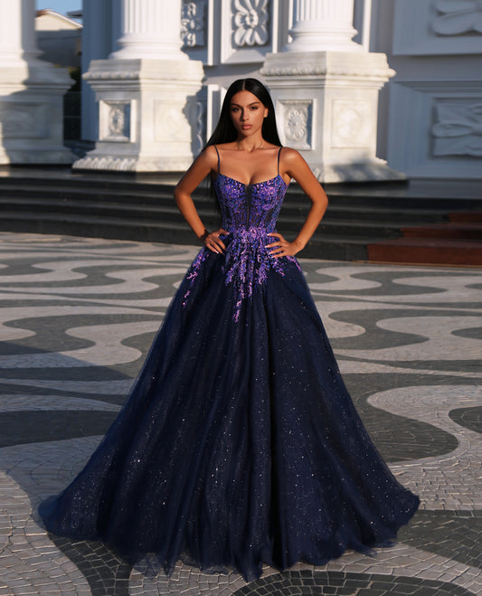 Prom Dresses Long Ball Gown Lace Applique Prom Dress Twilight Amethyst/Navy