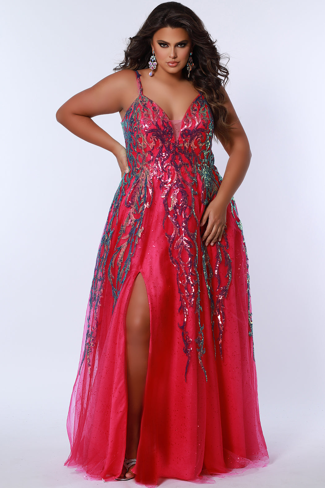 Sydneys Closet TE2302 Plus Size Long Formal A Line Glitter Prom Dress