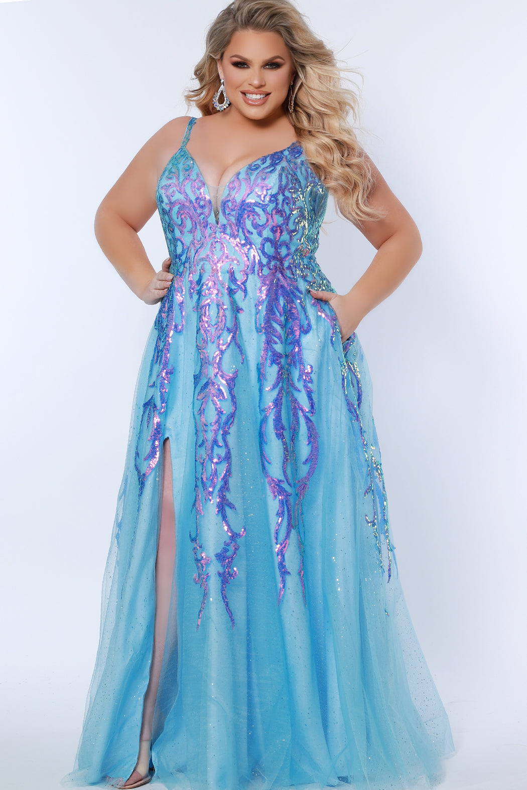 Sydneys Closet TE2302 Plus Size Long Formal A Line Glitter Prom Dress