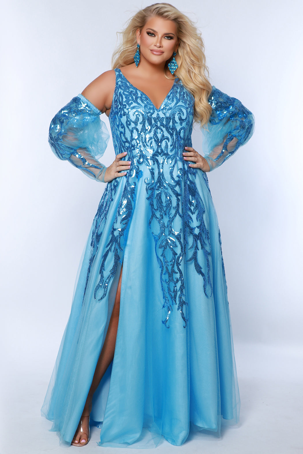 Sydneys Closet TE2443 Plus Size A Line Long Formal Sequin Applique Prom Dress