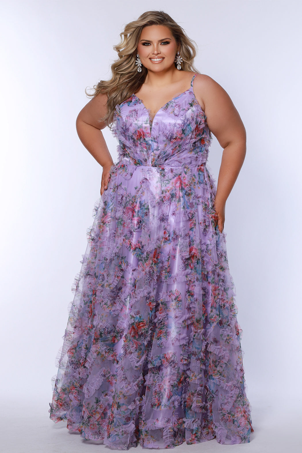 Sydneys Closet TE2508 Long Plus Size Formal Floral Pleated Prom Dress