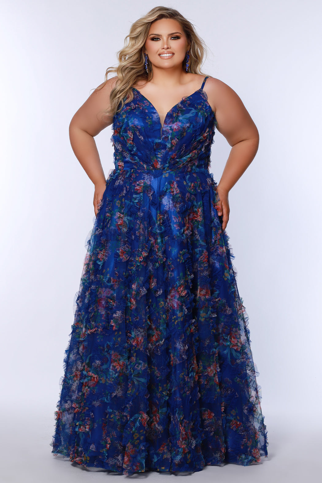 Sydneys Closet TE2508 Long Plus Size Formal Floral Pleated Prom Dress