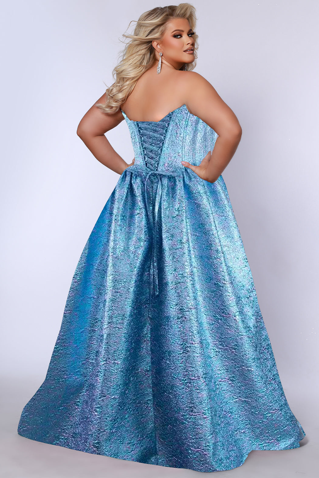 Sydneys Closet TE2538 Plus Size Long Ball Gown Metallic Prom Dress
