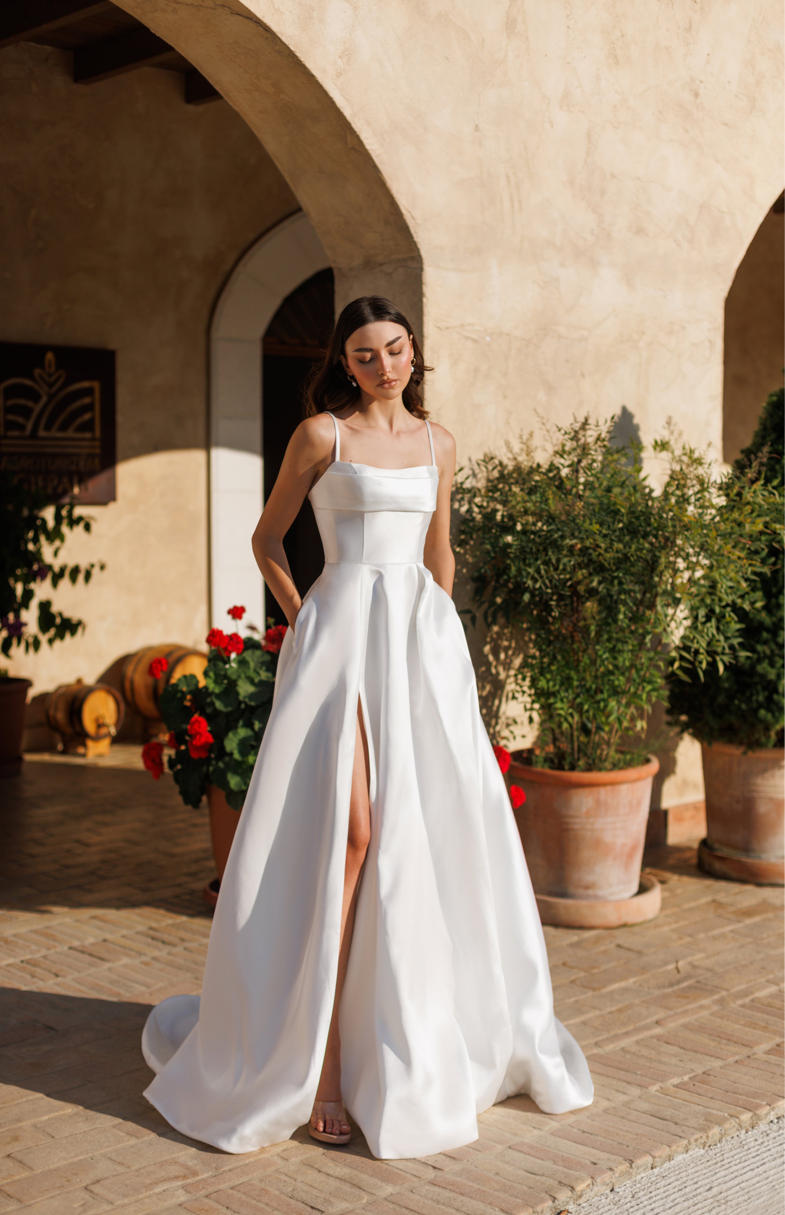 Classic Long White A-Line Formal Dress with Pockets Off White / 2