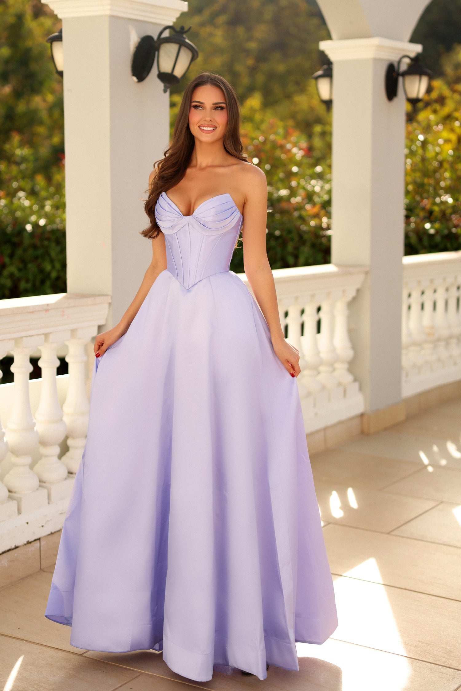 Lavender Strapless Floor-Length Mikado Prom Gown with Twisted Knot Waist A-Line Formal Dress Tina Holly TE704P