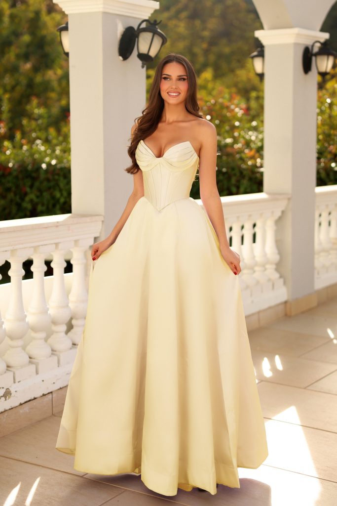 Light Yellow Strapless Floor-Length Mikado Prom Gown with Twisted Knot Waist A-Line Formal Dress Tina Holly TE704P