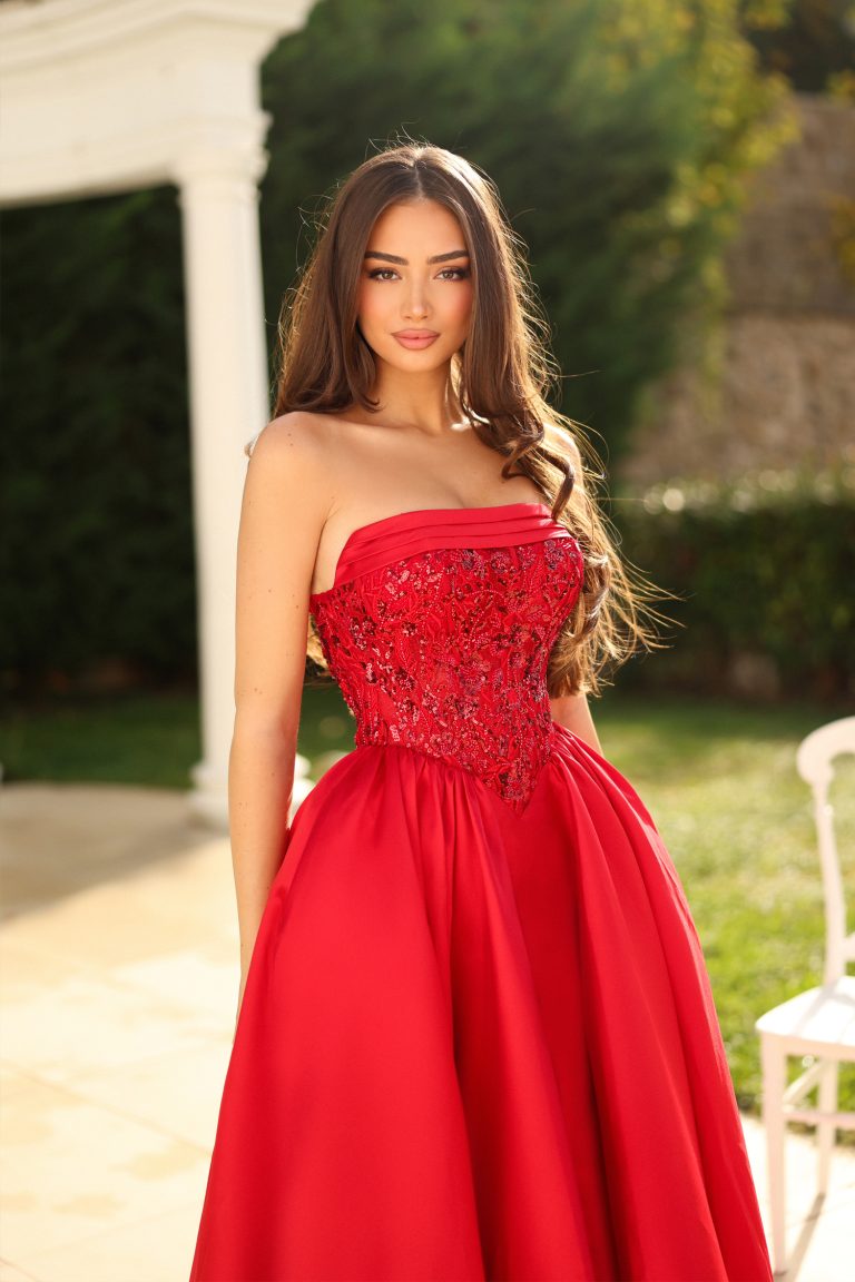 Red Strapless Floor Length Mikado Prom Dress with Beaded Bodice and High Slit Tina Holly TE706
